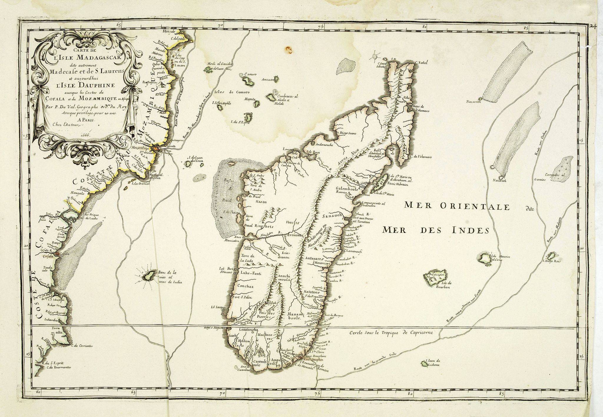 DU VAL, P., Carte de l'Isle Madagascar dite autrement Madecale et de S. Laurens et aujourd'hui l'Isle Dauphine avec les Coste de Cofala et du Mozambique en Afrique . . ., antique map, old maps