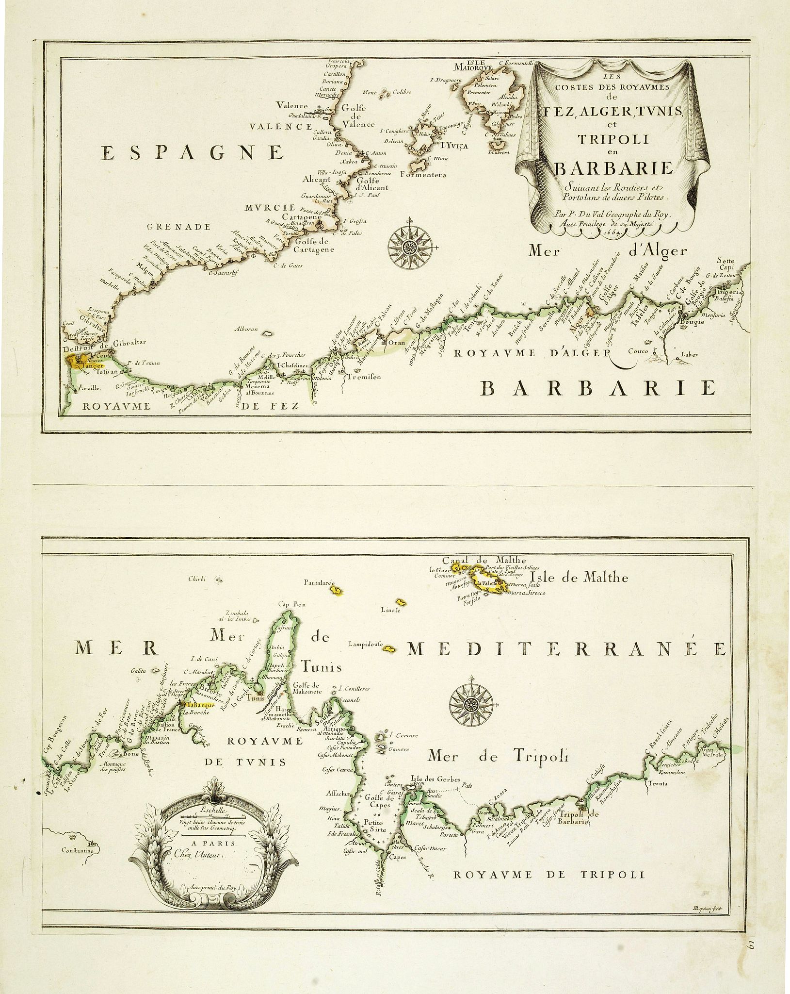 DU VAL, P., Les Costes Des Royaumes de Fez, Alger, Tunis et Tripoli en Barbarie suivant les Routiers et Portolans de divers Pilotes . . ., antique map, old maps