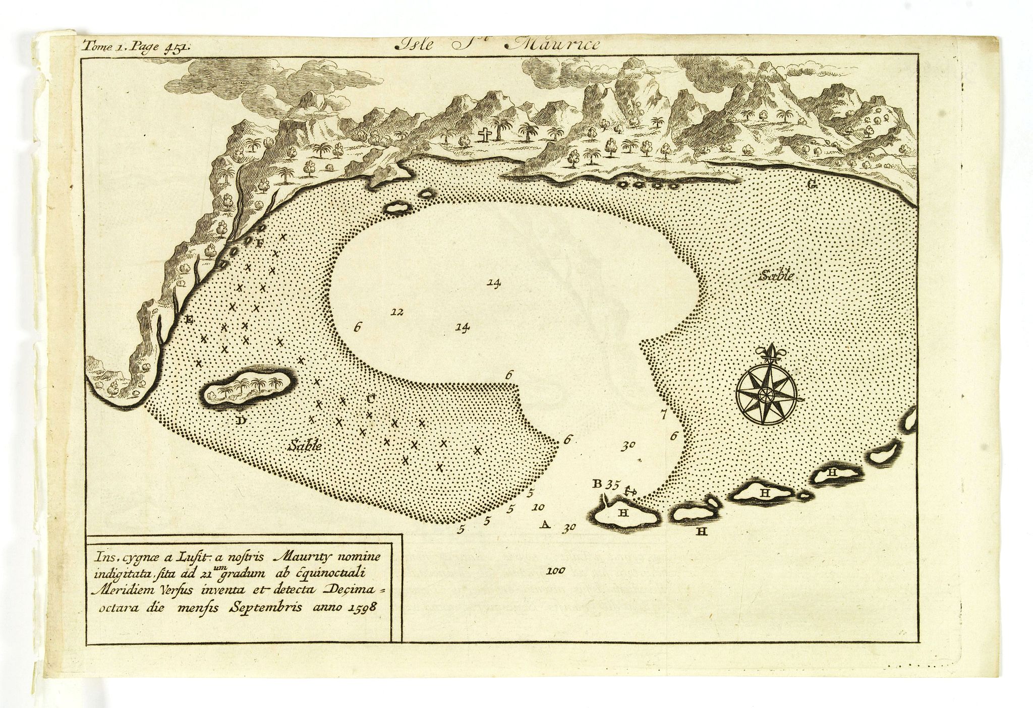 DE RENNEVILLE, R.A.C., Isle St. Maurice. Ins. cygnae a Lusit, a nostris Maurity nomine indigitata, sita ad 21um gradum ab Equinoctiali Meridiem versus inventa et detecta Decima-jctava die mensis septembris anno 1598., antique map, old maps