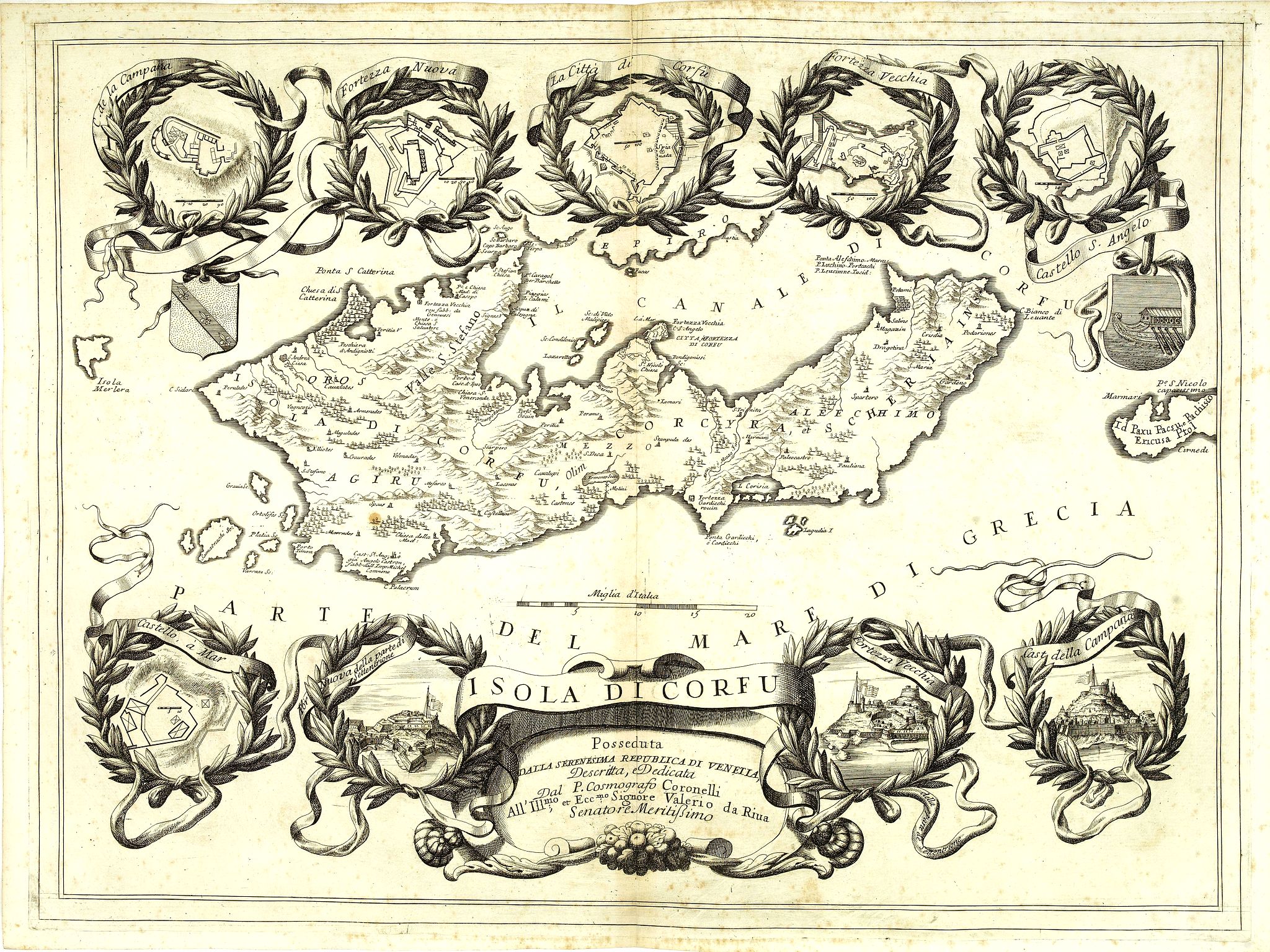 CORONELLI, V.M.,  Isola di Corfu., antique map, old maps