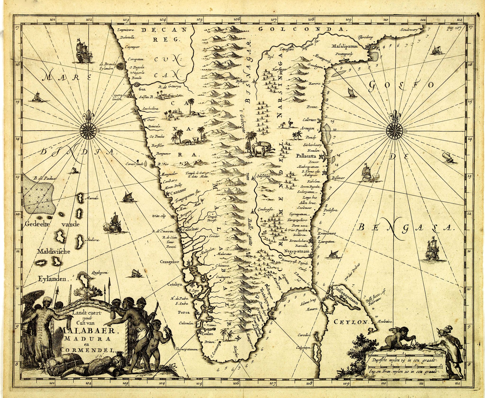NIEUHOF, J., Landt caert vande Malabaer, Madura en Cormendel., antique map, old maps