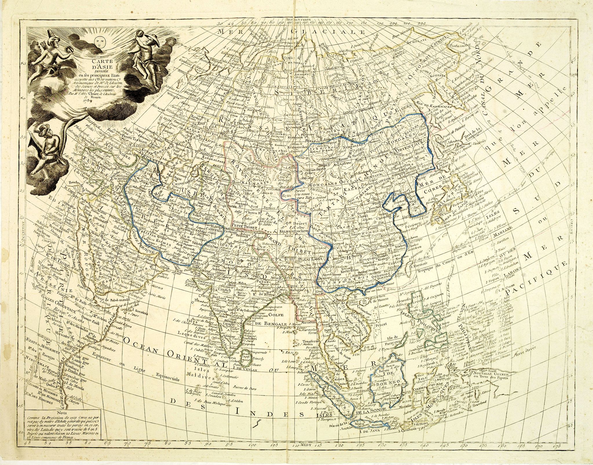 M. L'Abbé CLONET, Carte d'Asie, divisée en ses principaux etats : assujettie aux observations astronomiques., antique map, old maps