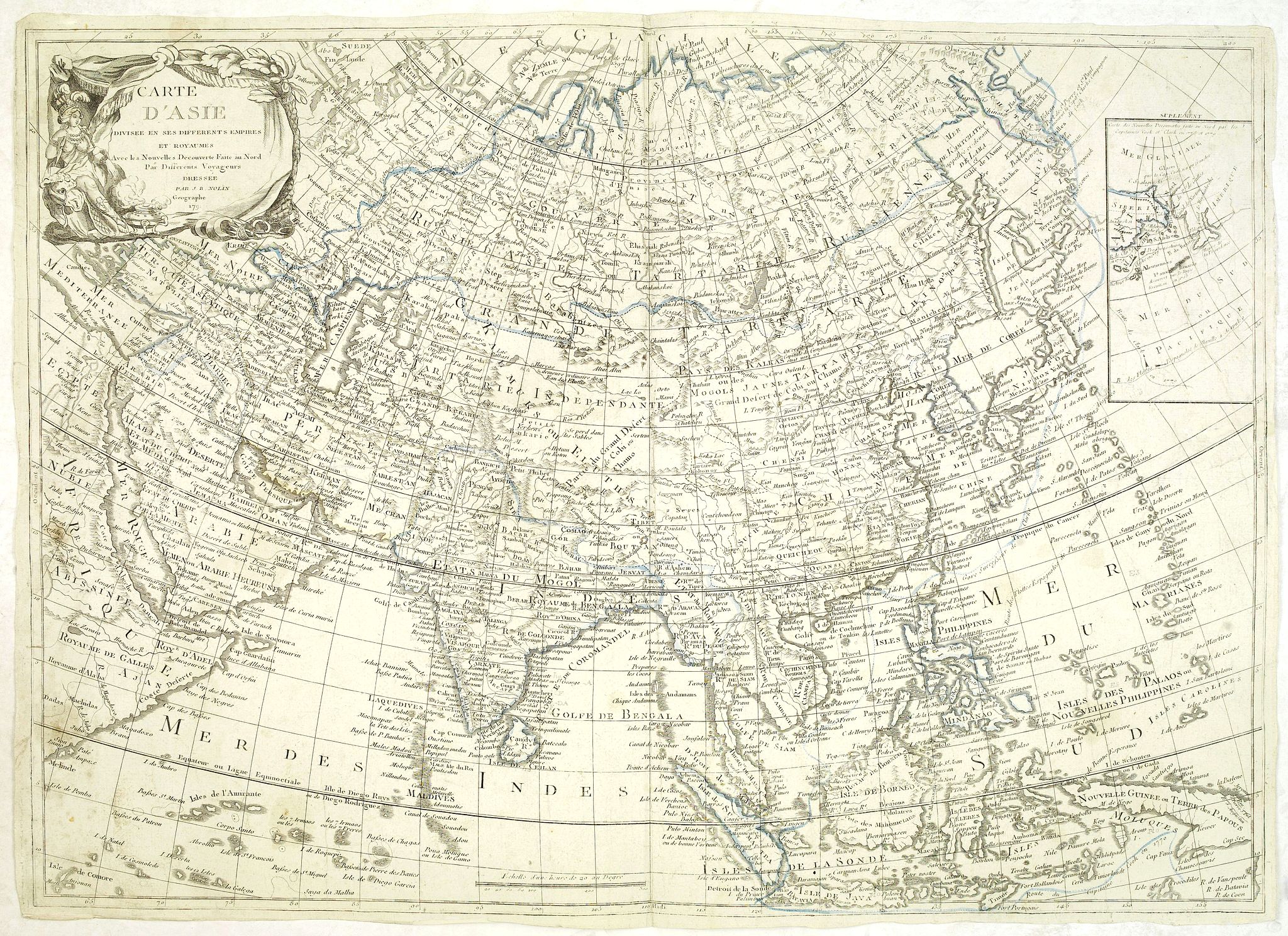 NOLIN, J.B., Carte d'Asie divisé en ses différénts Empires et Royaumes avec les nouvelles découvertes faîtes au Nord par différents voyageurs, antique map, old maps