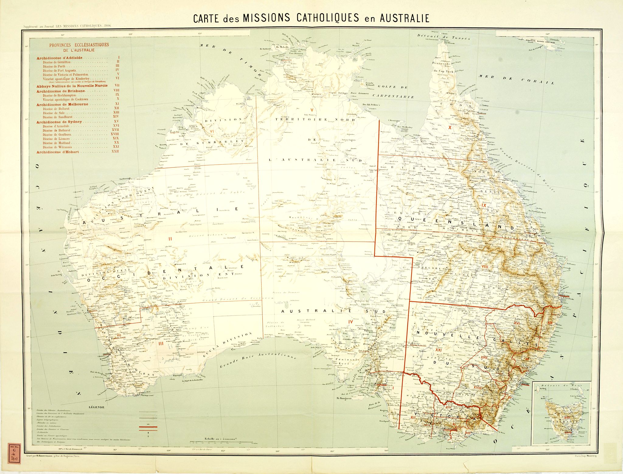 MISSIONS CATHOLIQUES, Carte des missions Catholiques en Australie., antique map, old maps