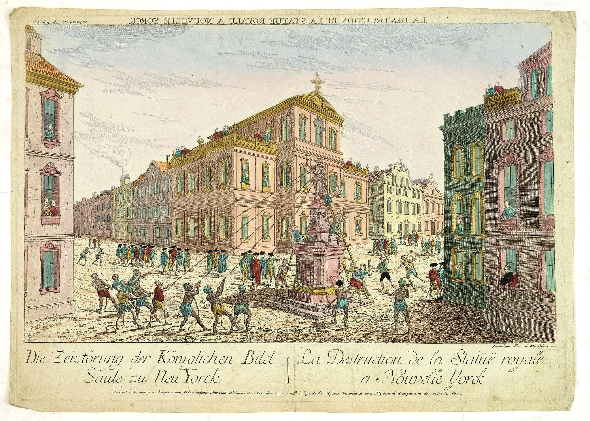 CHEREAU, J., La destruction de la Statue royale a Nouvelle York., antique map, old maps
