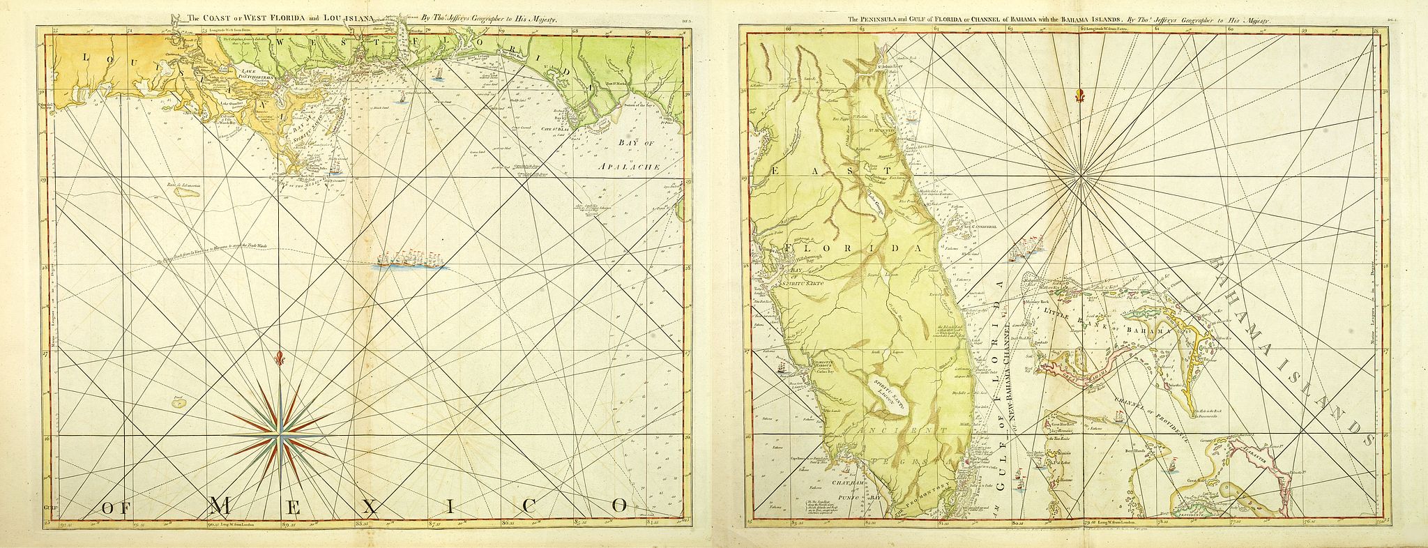 JEFFERYS, T., The Coast of West Florida and Louisiana. (together with) The Peninsula and Gulf of Florida or Channel of Bahama with the Bahama Islands., antique map, old maps