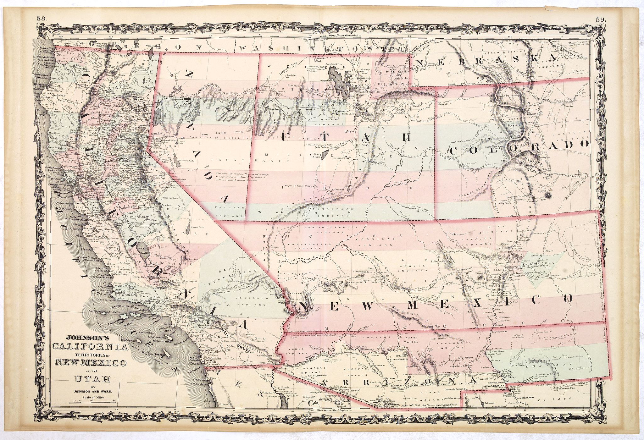 JOHNSON, A.J., Johnson's California territories of New Mexico and Utah by Johnson and Ward., antique map, old maps