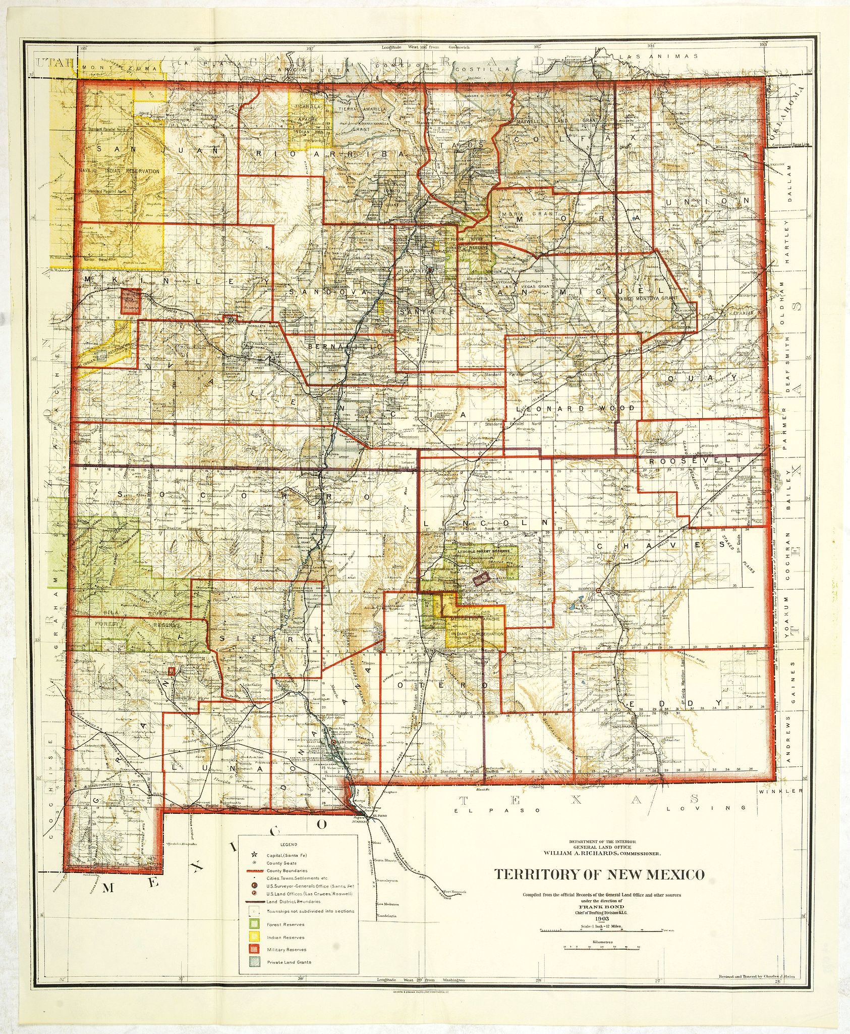 BOND, F., Department of the interior . . . Territory of New Mexico Compiled from the official Records. . ., antique map, old maps