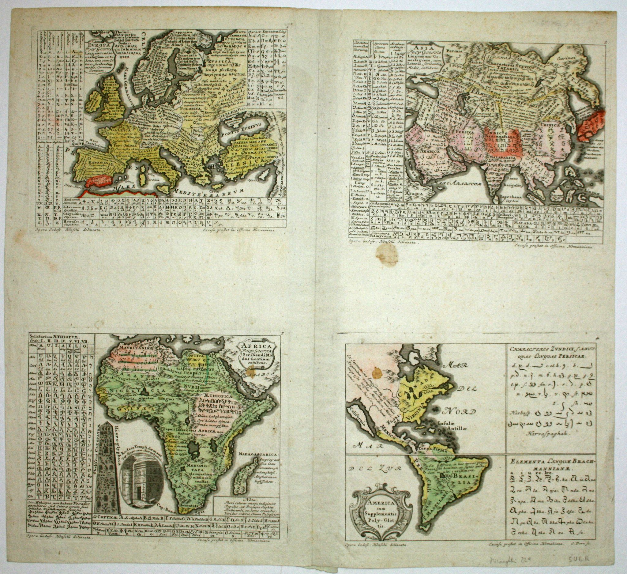 HENSEL / HOMANN HEIRS, Europa Poly Glottia Linguarum Geneologiam exhisbens [with] Asia Poly Glottia, Africa Poly Glottia and America cum Supplementis Poly-Glottis., antique map, old maps