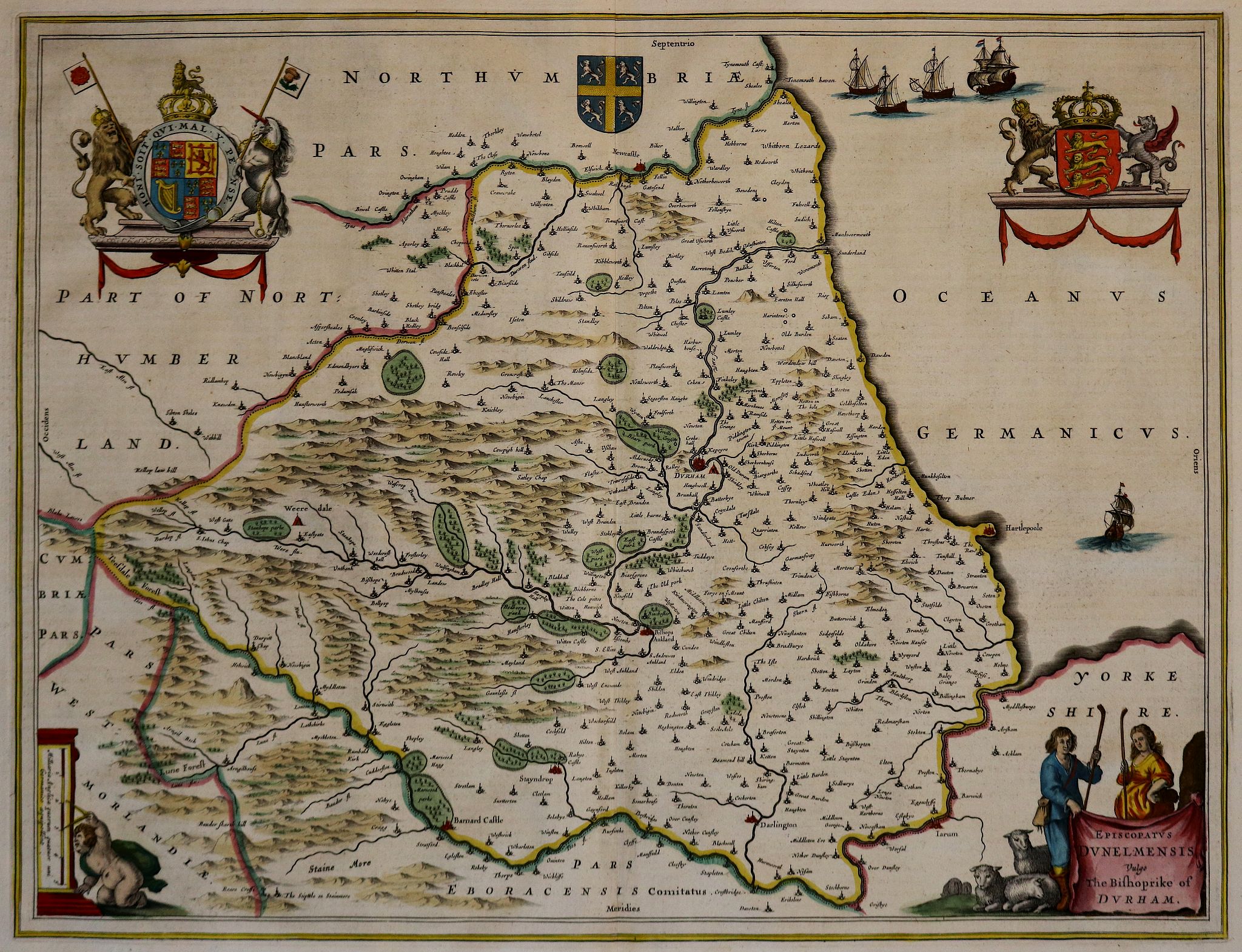 JANSSONIUS, J., Episcopatus Dunelmensis. Vulgo The Bishoprike of Durham., antique map, old maps