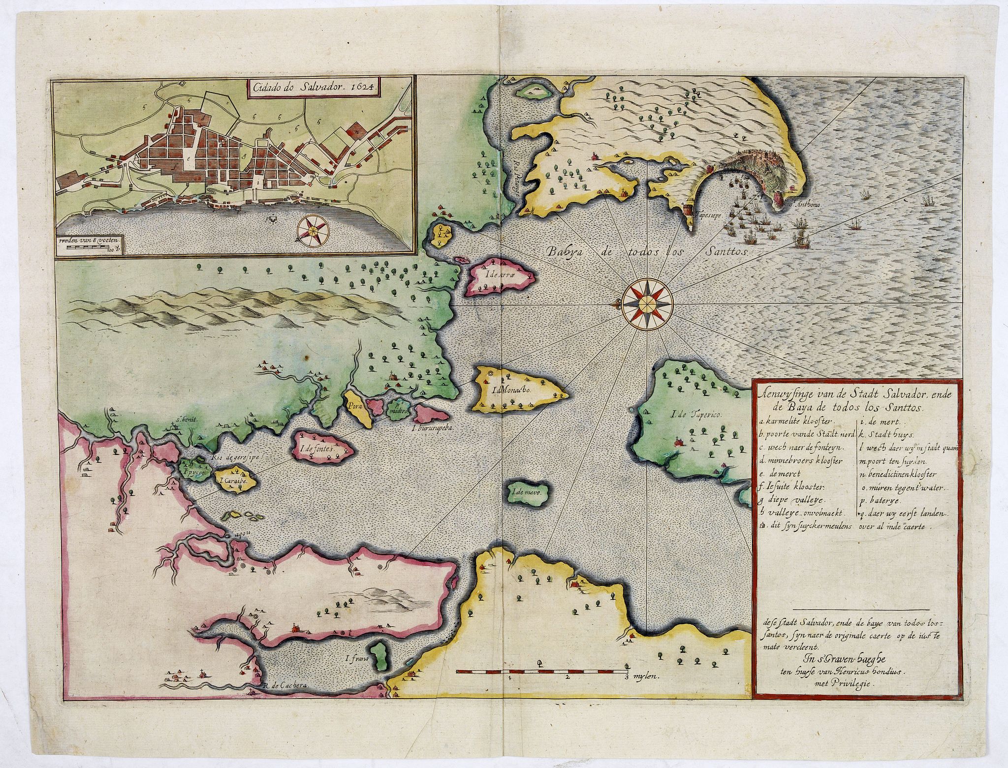 HONDIUS, H.,  Aenwysinge van de Stadt Salvador, ende de Baya de Todos Los Santtos., antique map, old maps