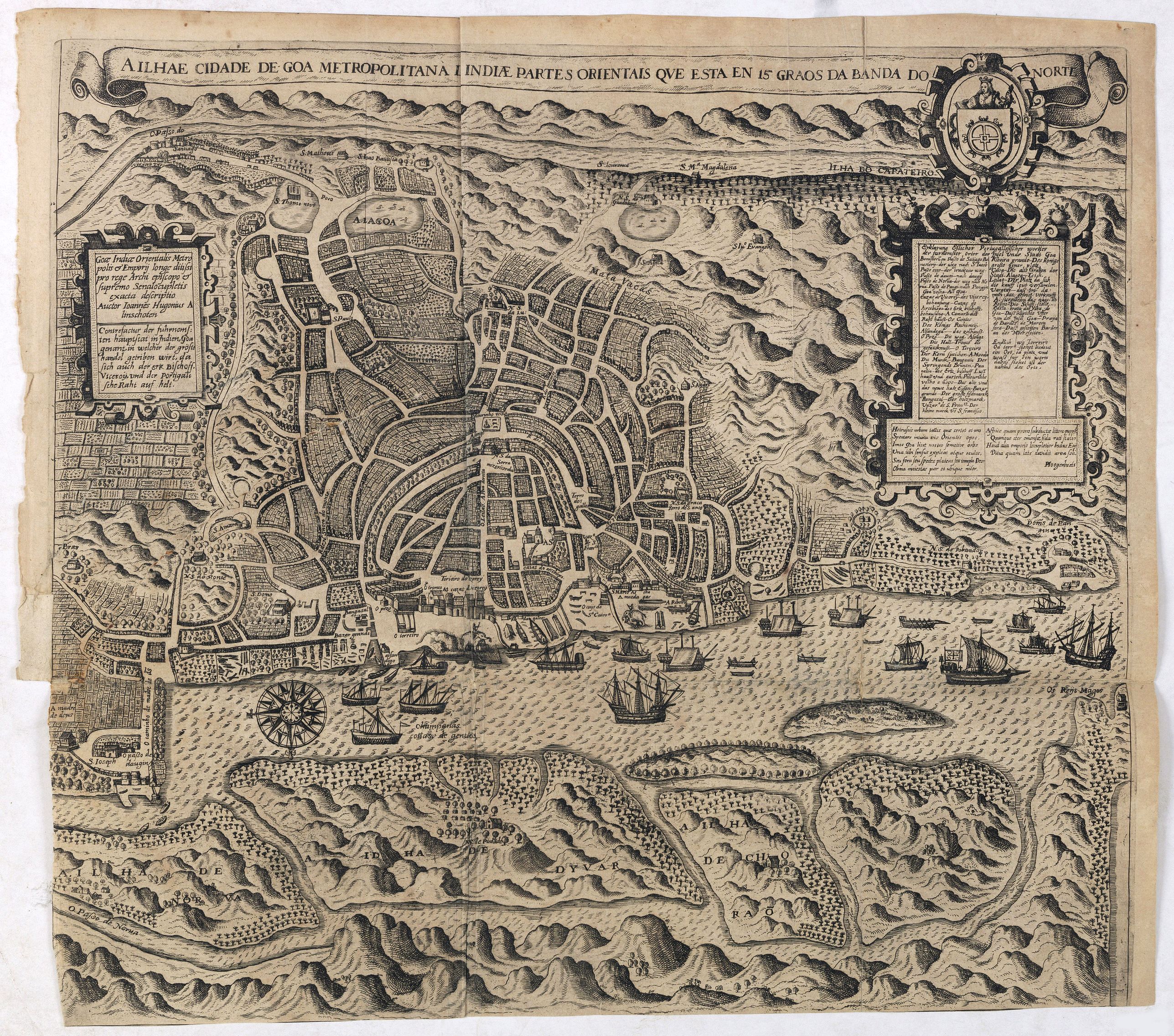 DE BRY, Th., Ailhae Cidade de Goa Metropolitana da Indiae Partes Orientals que Esta en 15 Graos da Banda donorte., antique map, old maps