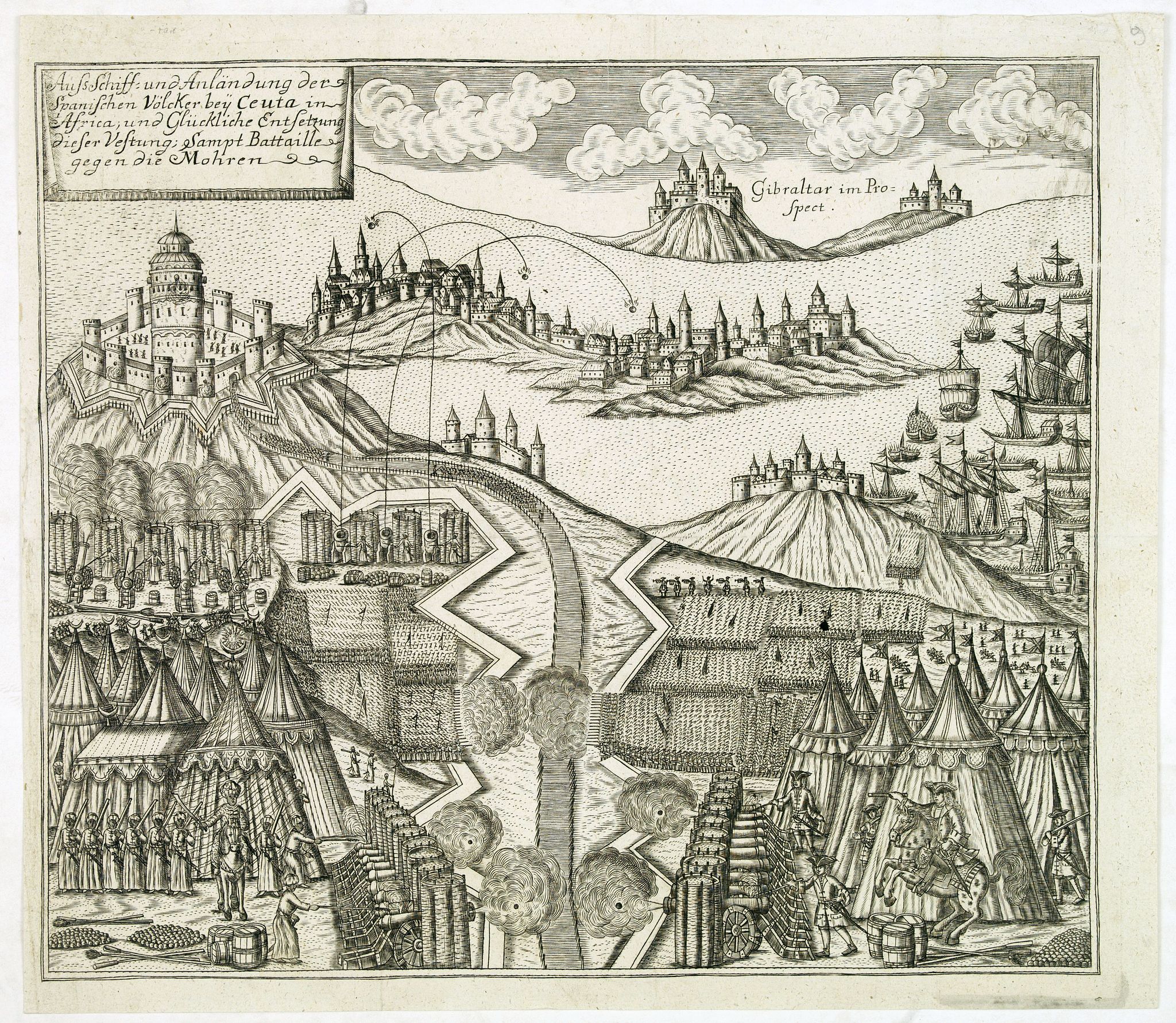 GOTTFRIED BAUMANN & CO., Auss Schiff und Anländung der Spanischen Völcker bey Ceuta in Africa. . ., antique map, old maps