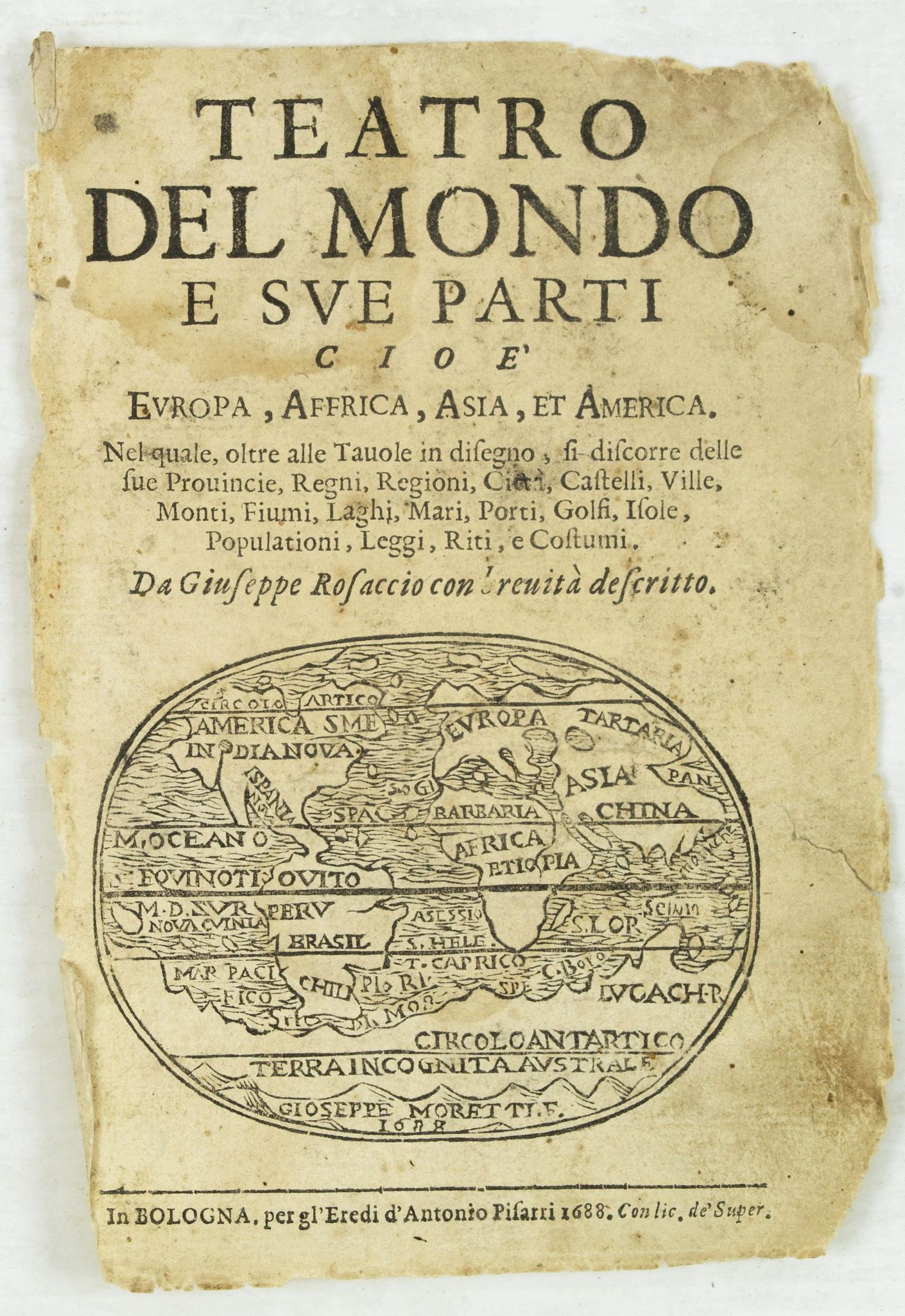 ROSACCIO, G.,  [Title page ] Teatro del Mondo e sue parti cioe' Europe, Africa, Asia, et America,. ., antique map, old maps