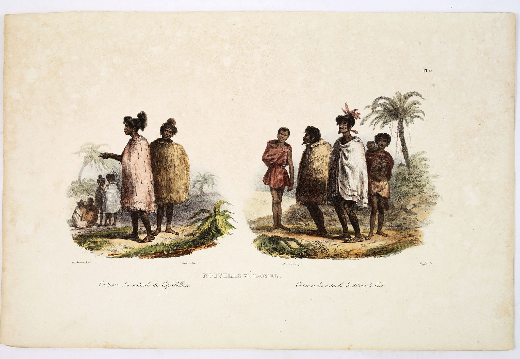DE SAINSON, Nouvelle Zélande - Costumes des naturels du Cap Palliser. Costumes des naturels du détroit de Cook., antique map, old maps