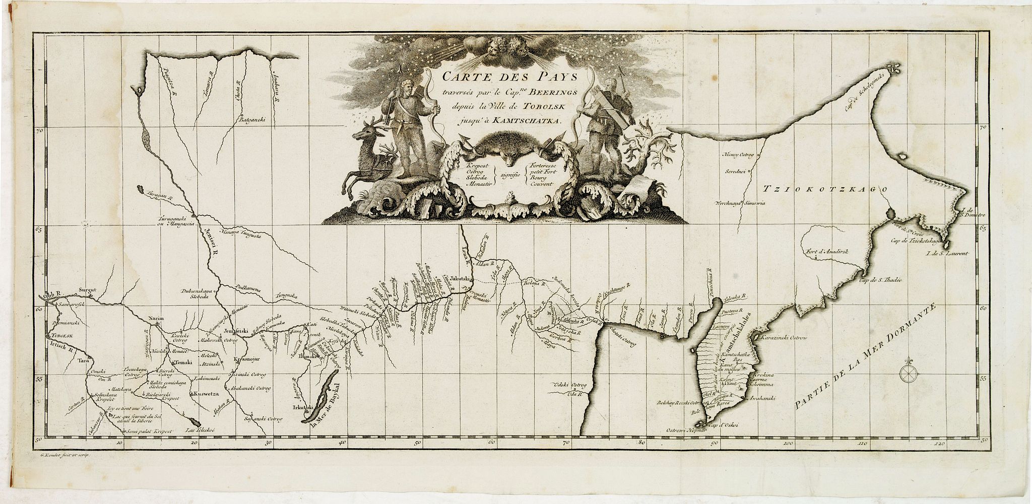 ANVILLE, J.B.D', Carte des Pays traverses par le Cap.ne Beerings depuis la ville de Tobolsk jusqu'à Kamtschatka, antique map, old maps
