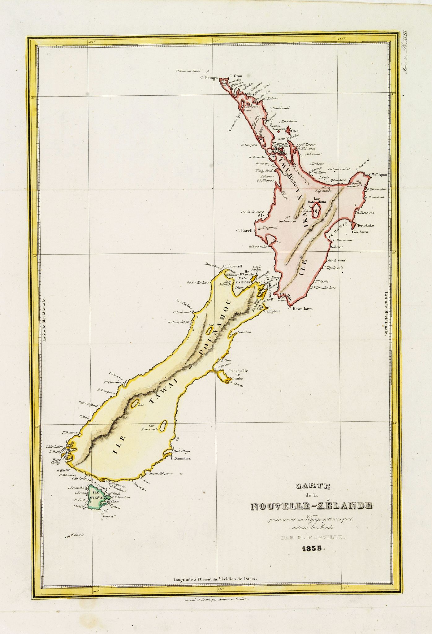 TARDIEU, A., Carte de la Nouvelle-Zélande pour servir au Voyage pittoresque autor du Monde par M.D'Urville 1835, antique map, old maps