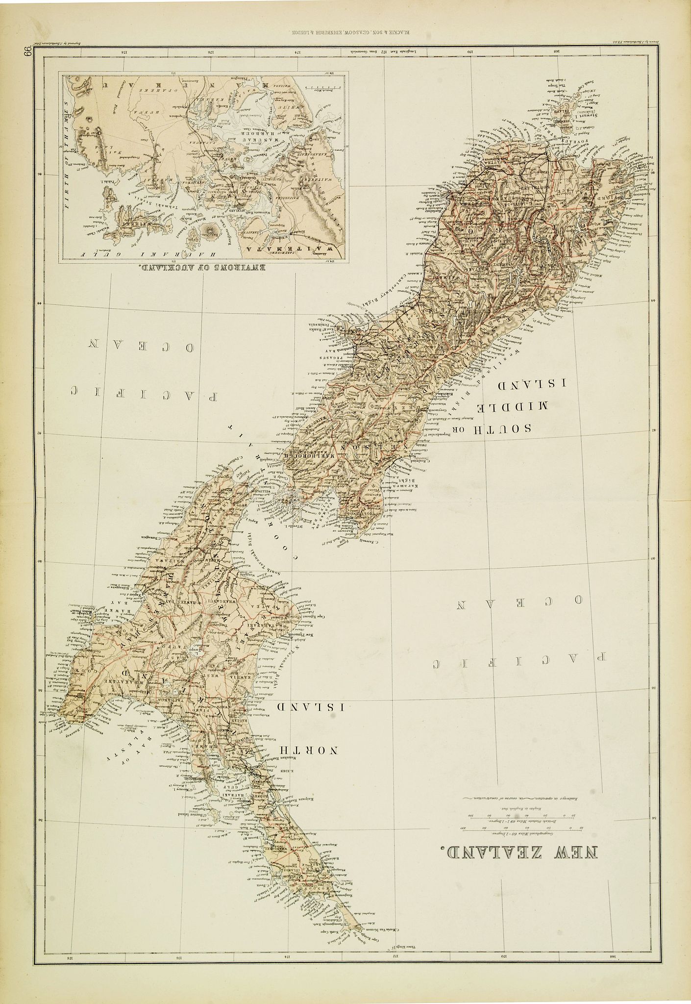 BLACKIE & SON, New Zealand (with Environs of Auckland), antique map, old maps