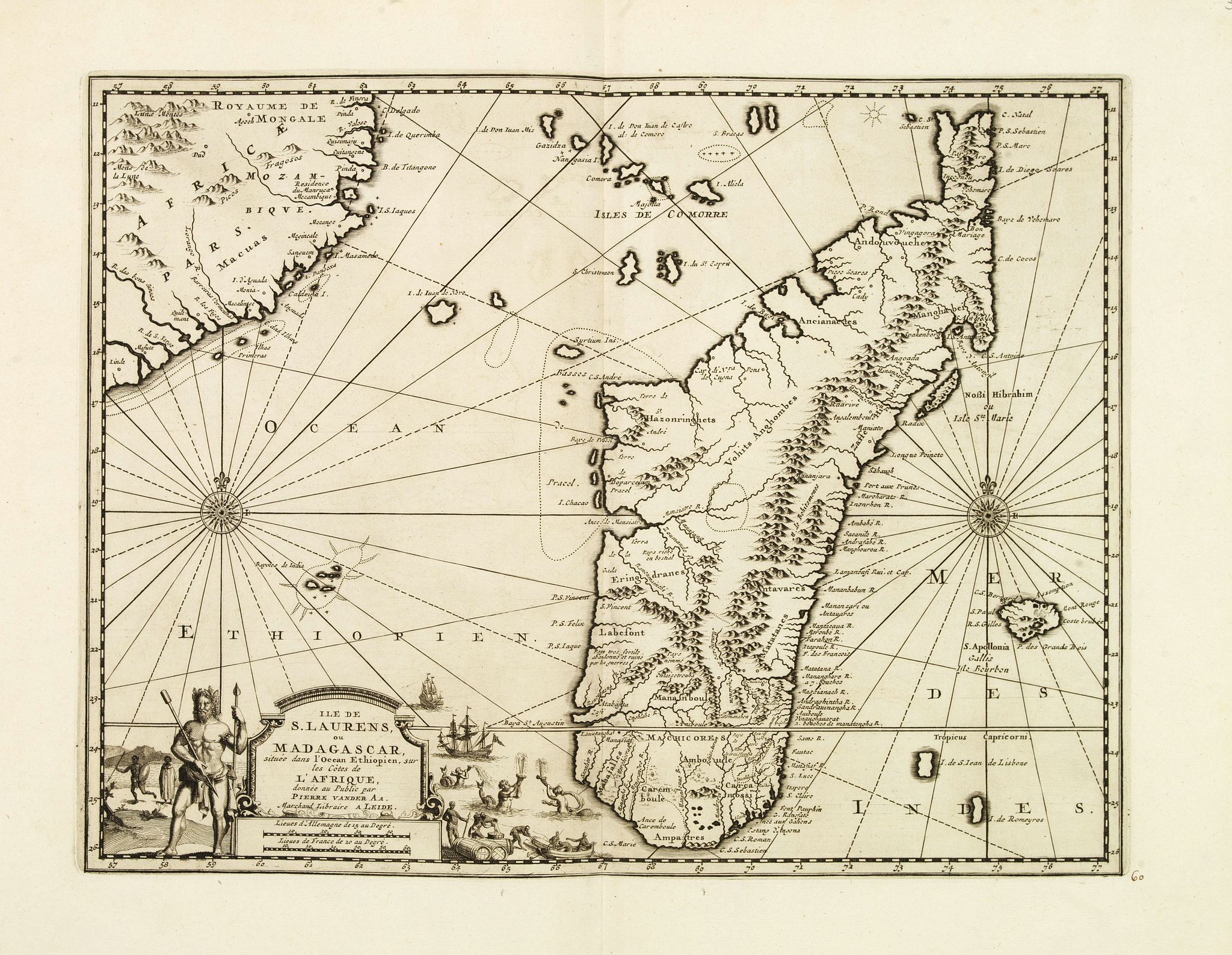 VAN DER AA, P., Ile de S. Laurens, ou Madagascar, située dans L’Ocean Ethiopien, sur les Côtes de L’Afrique., antique map, old maps