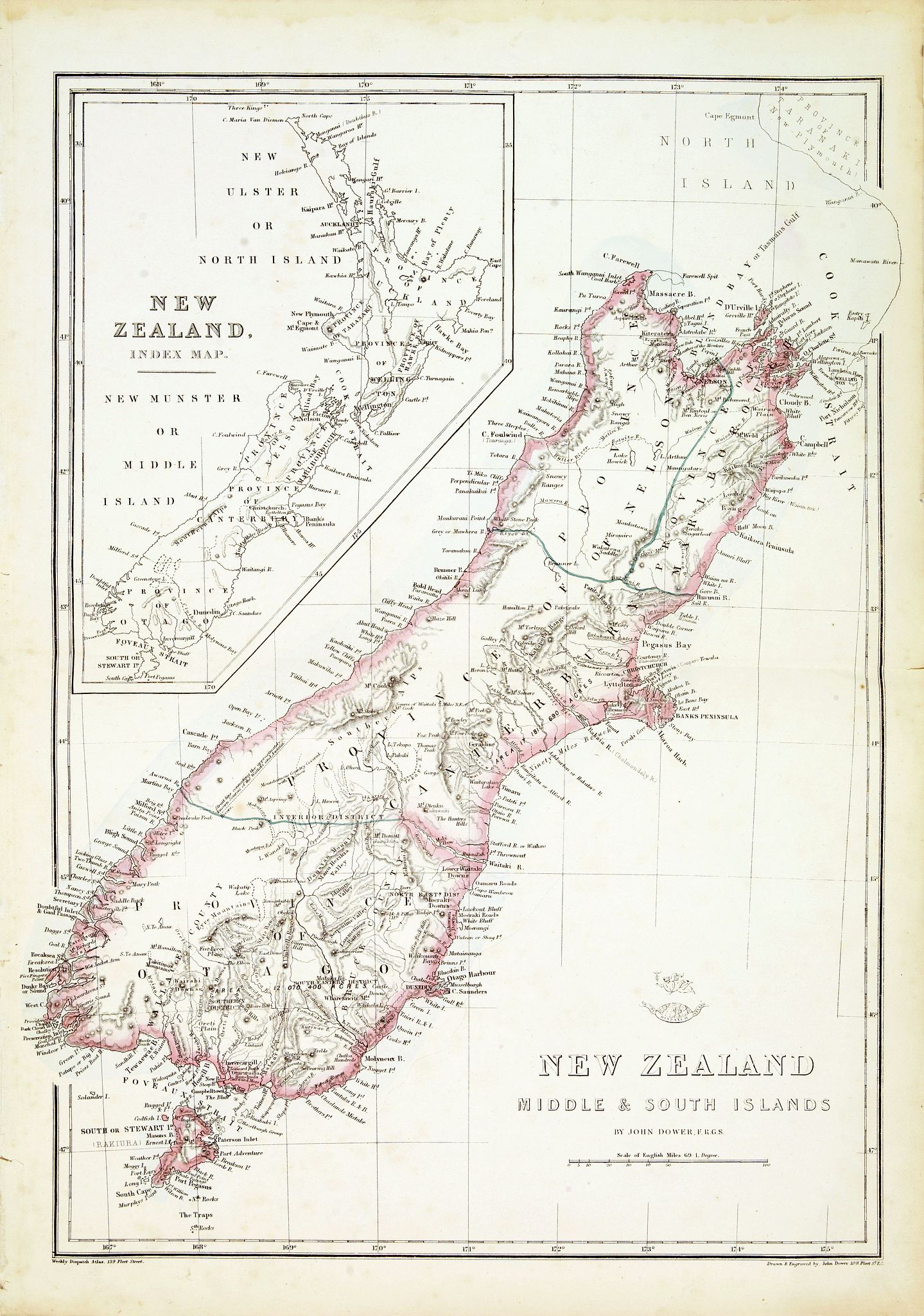 DOWER, J., New zealand middle & south islands. . ., antique map, old maps