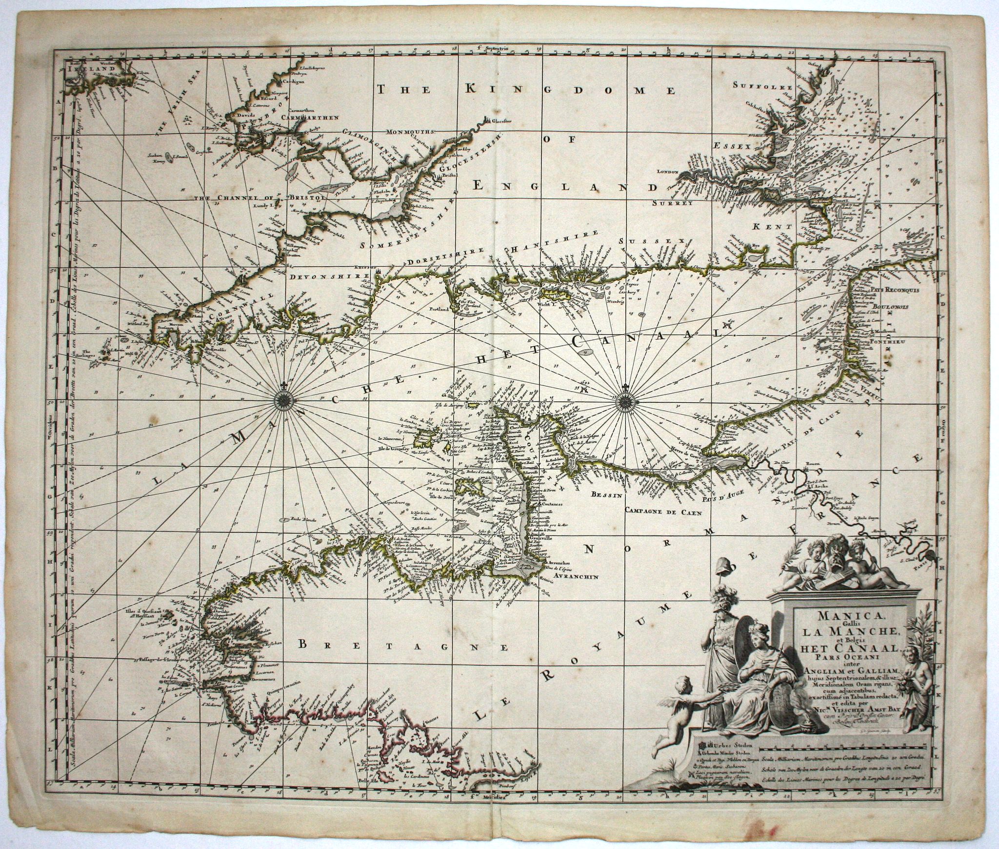 VISSCHER, N., Manica, gallis La Manche, et belgis Het Canaal., antique map, old maps