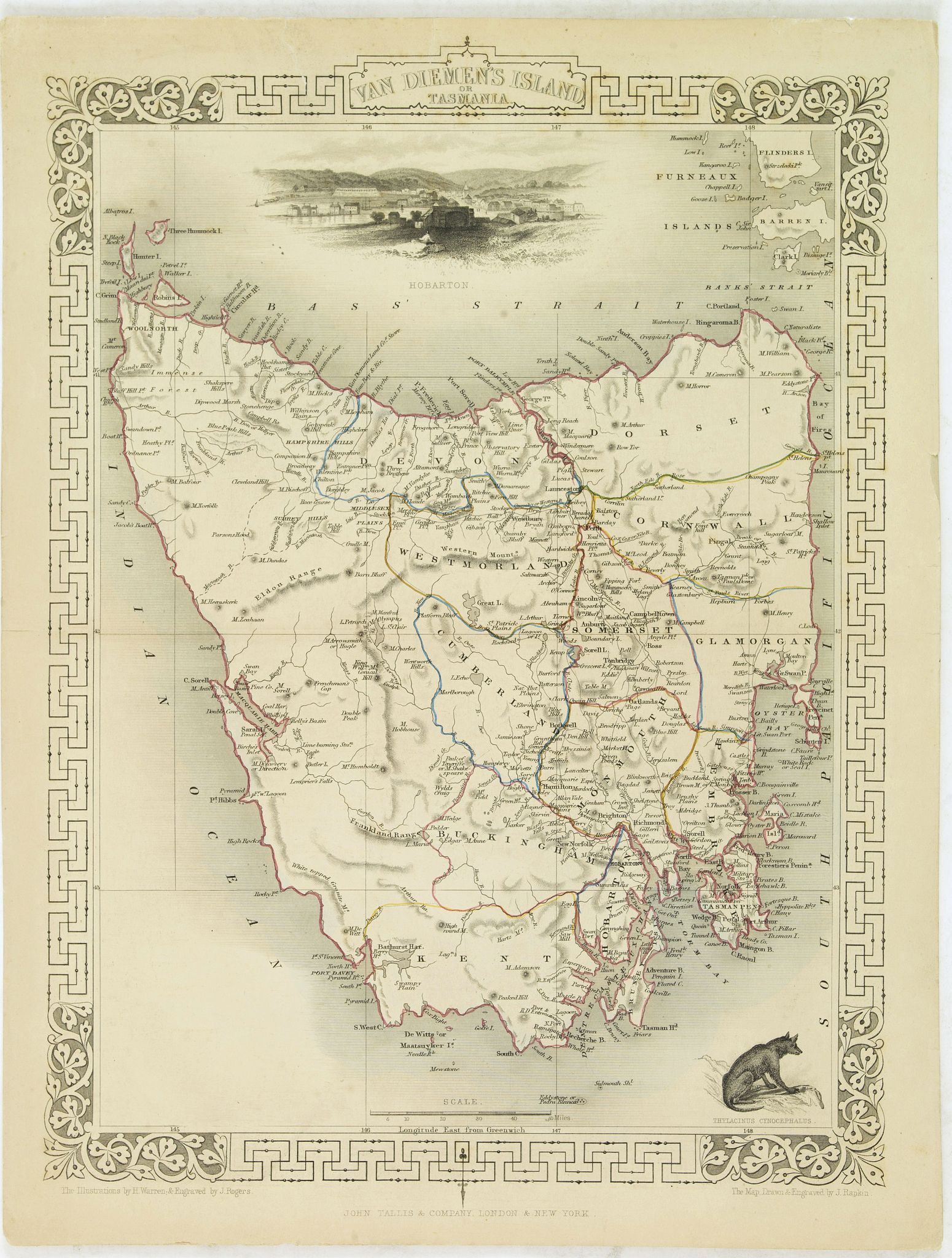 TALLIS, J., Van Diemen's Island or Tasmania., antique map, old maps