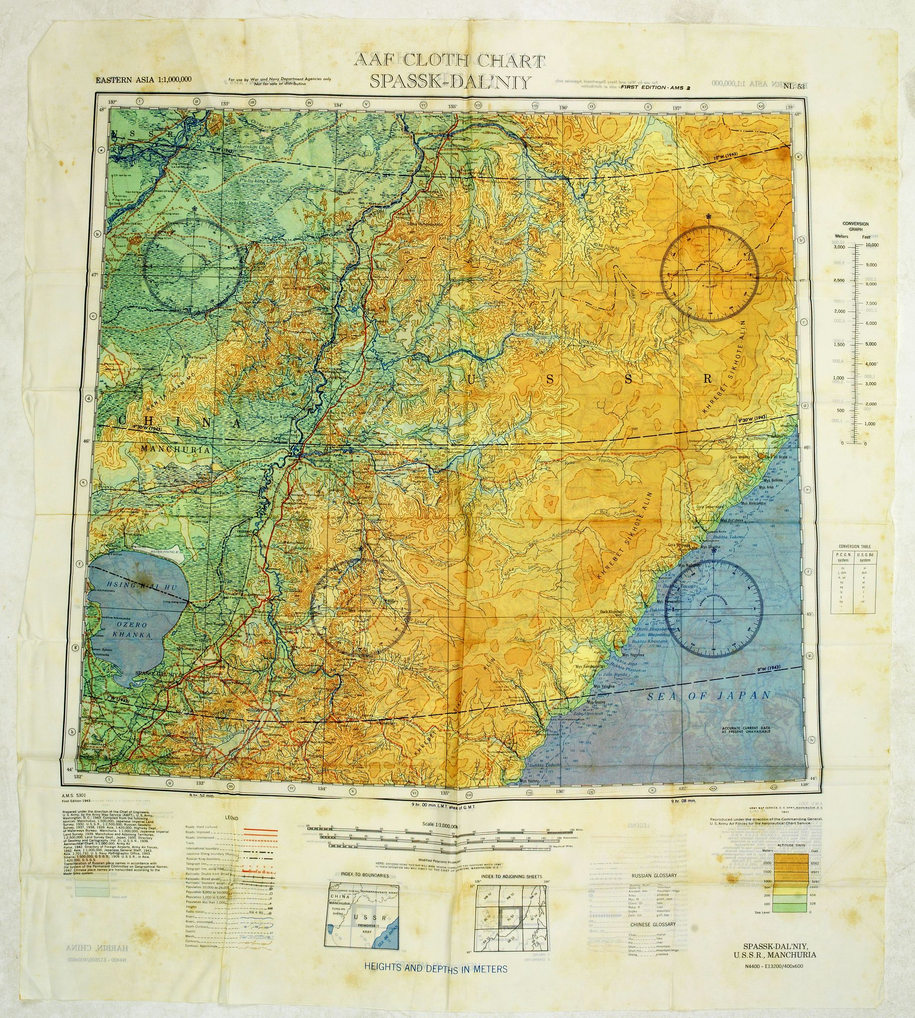 AMERICAN AIR FORCE, AAF Cloth chart Spassk-Dal'Niy. Eastern Asia 1:1,000,000 First edition., antique map, old maps