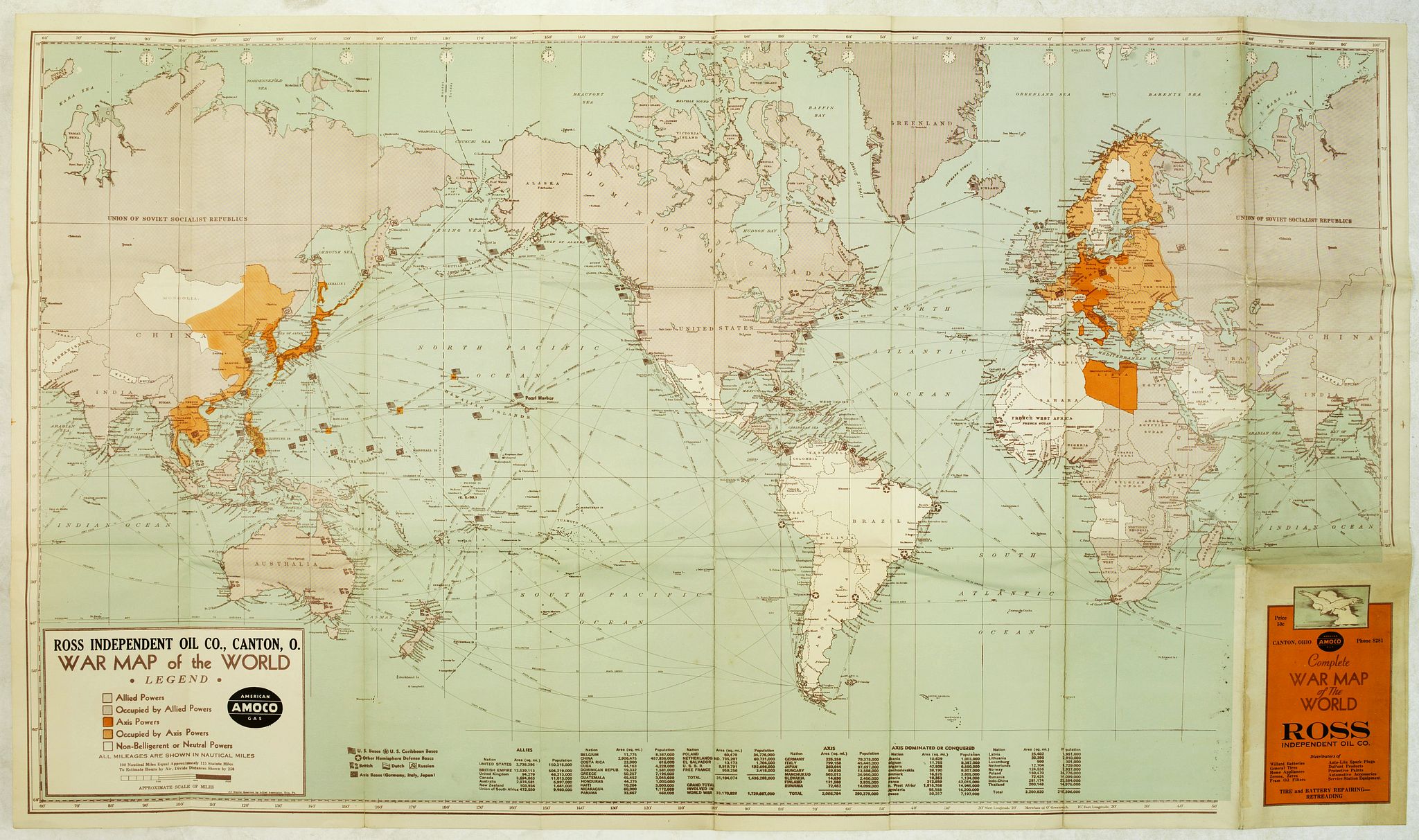 AMERIRICAN AMOCO GAS, Ross indipendet Oil Co., Canton, O. War map of the World., antique map, old maps