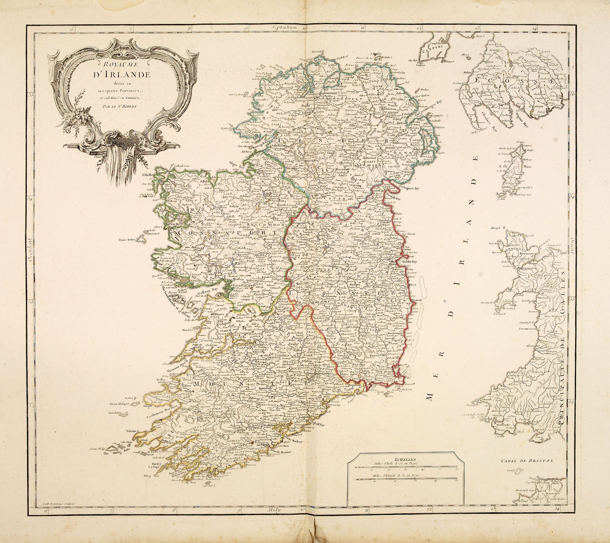 VAUGONDY, R. de, Royaume d'Irlande divisé en ses quatre Provinces., antique map, old maps