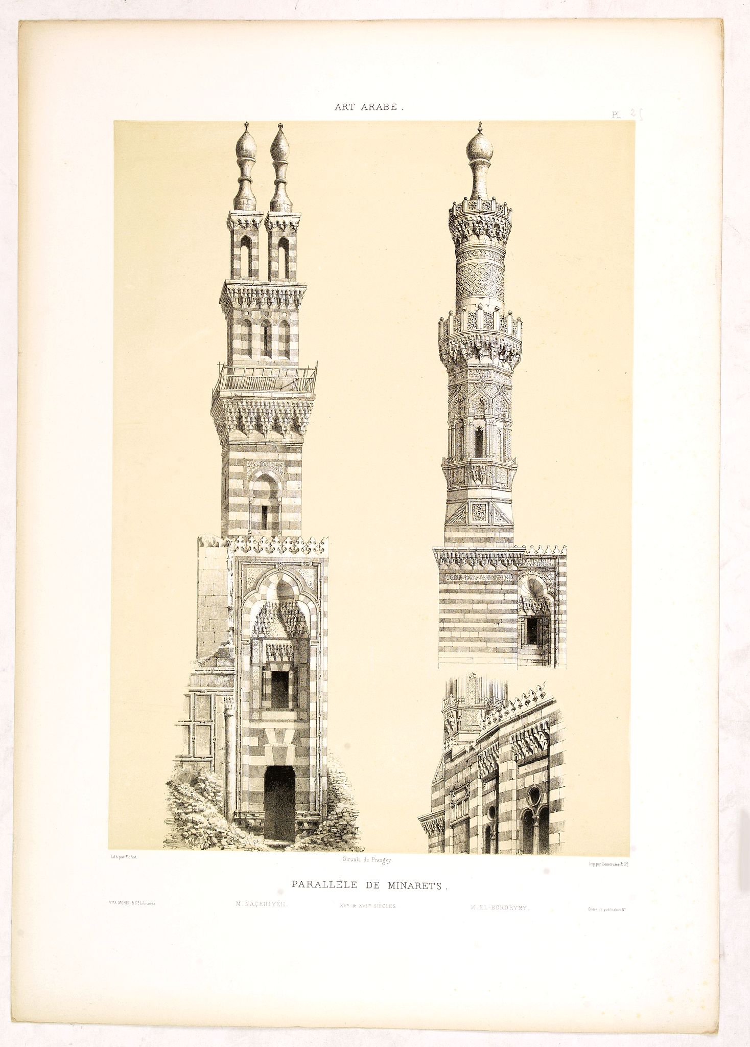 PRISSE D'AVENNES, E., Art arabe. - Parallèle de Minarets., antique map, old maps