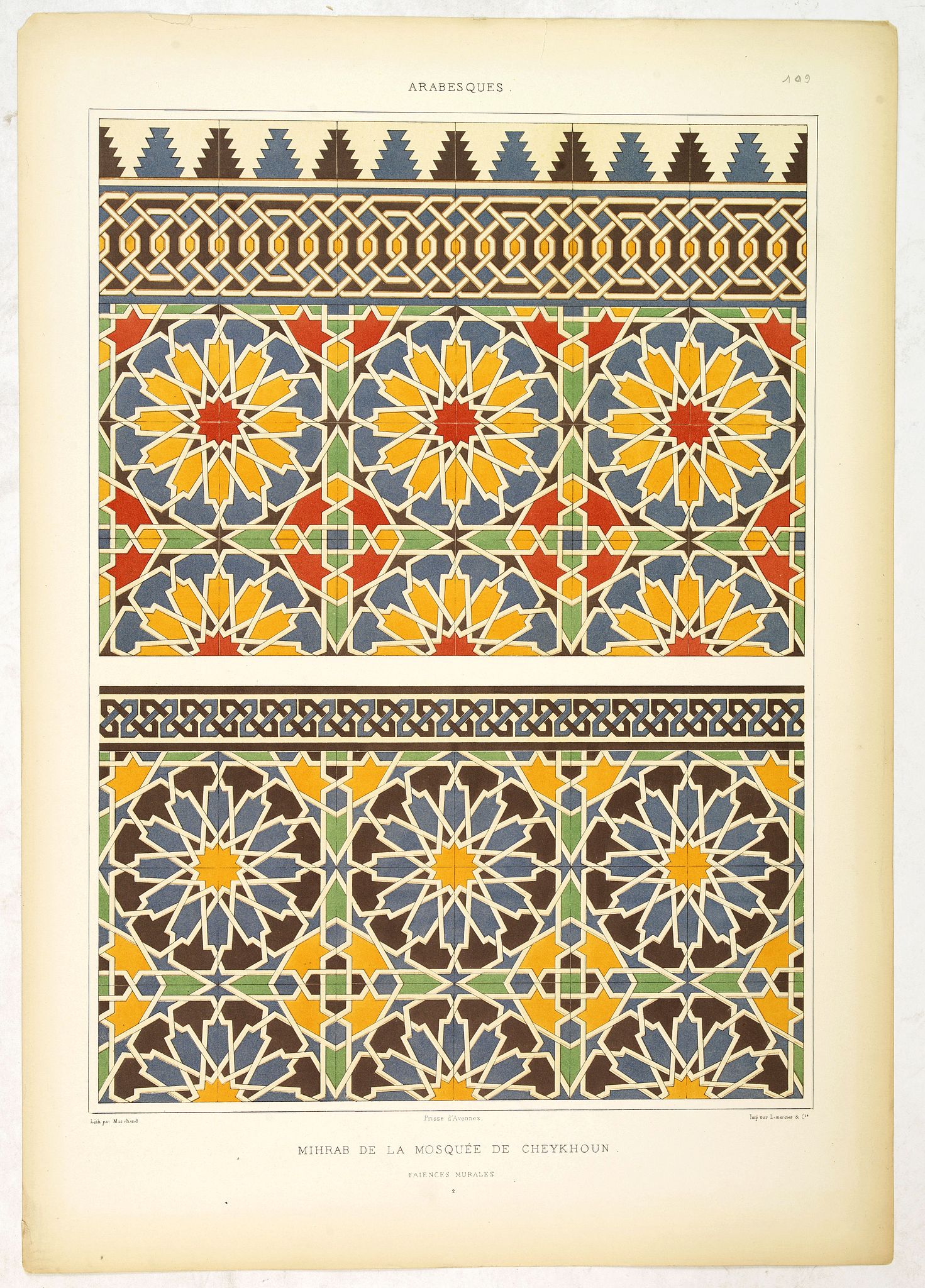 PRISSE D'AVENNES, E., Arabesques. - Mihrab de la mosquée de Cheykhoun. . ., antique map, old maps