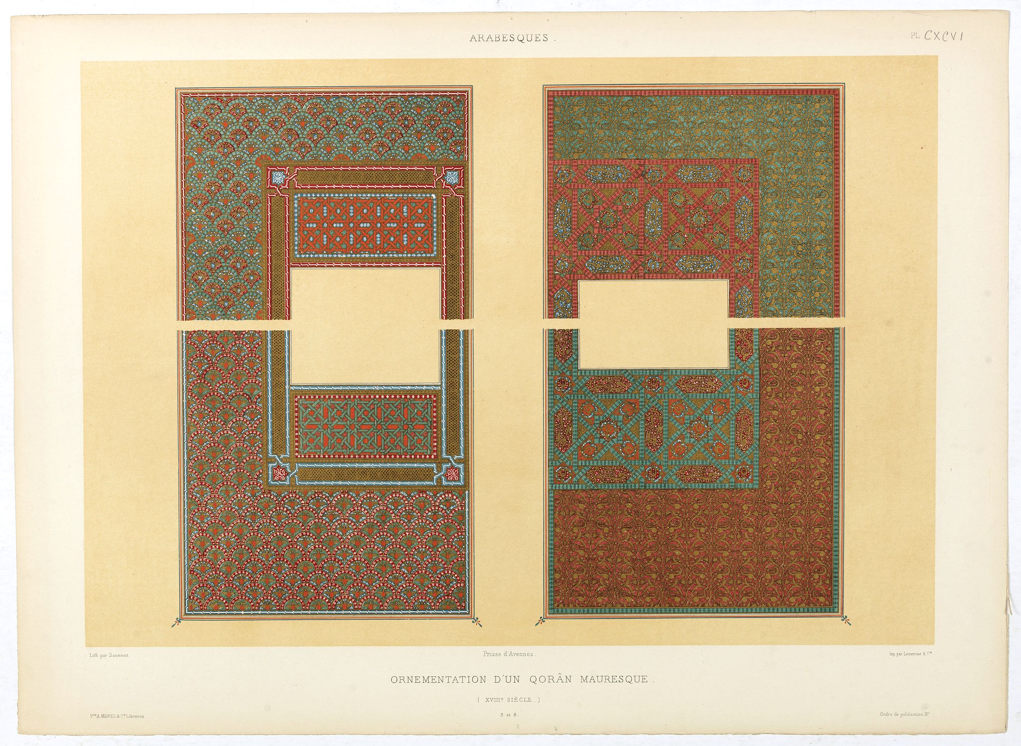 PRISSE D'AVENNES, E., Arabesques. - Ornementation d'un Qorân mauresque. . ., antique map, old maps