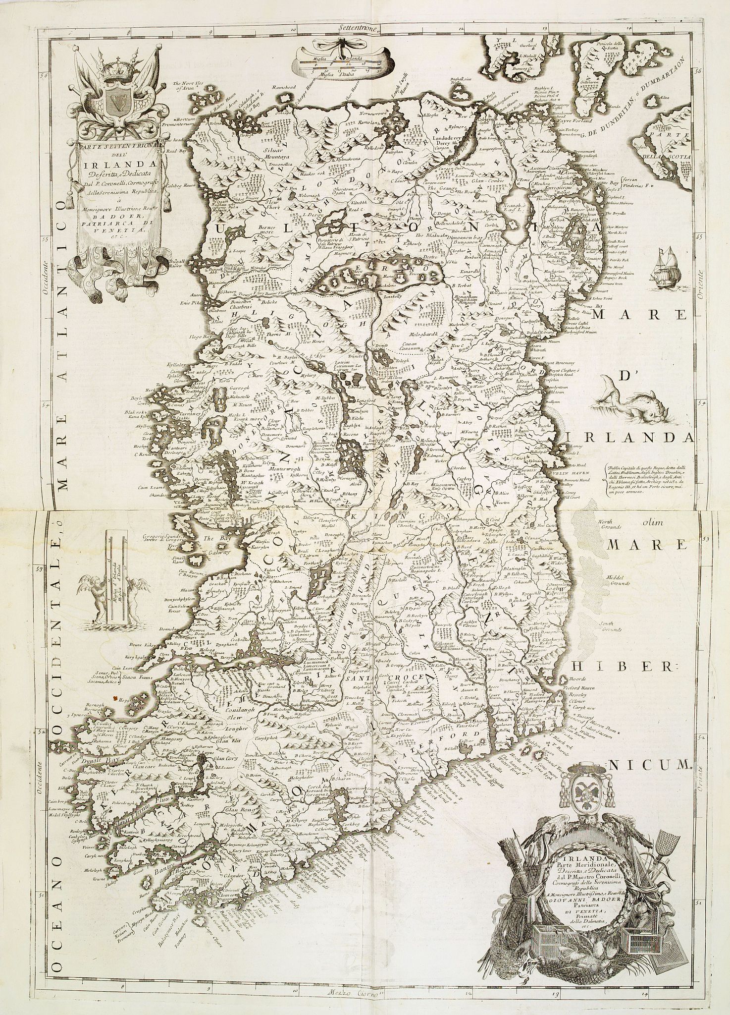 CORONELLI, V.M., Parte settentrionale dell' Irlanda / Irlanda parte meridionale . . ., antique map, old maps