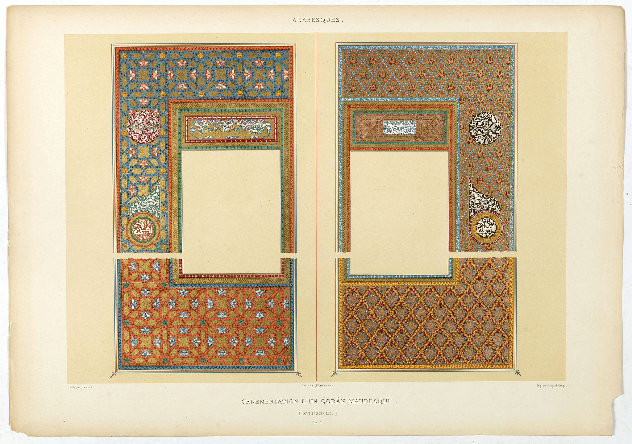 PRISSE D'AVENNES, E., Arabesques. - Ornementation d'un Qorân mauresque., antique map, old maps