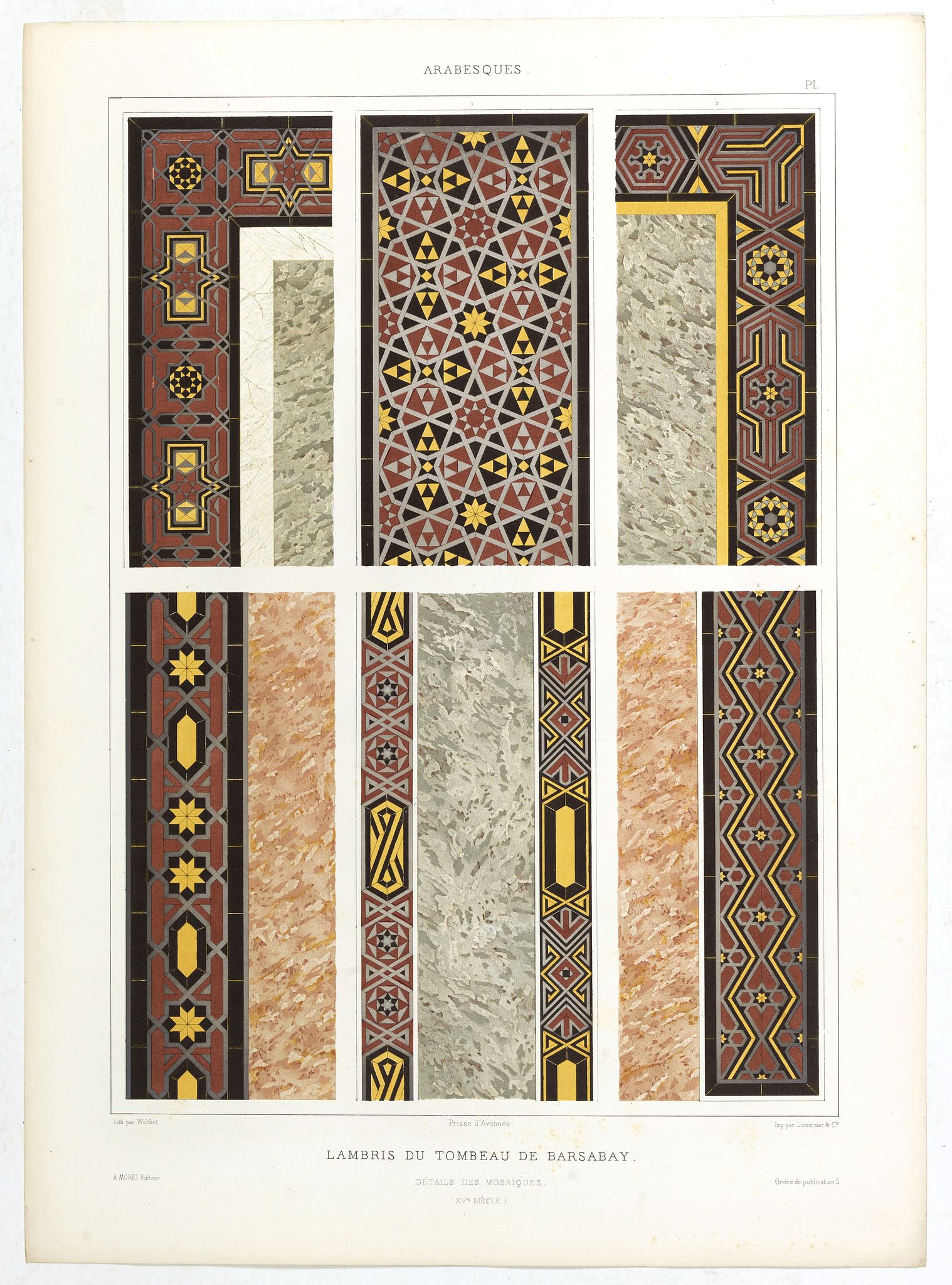PRISSE D'AVENNES, E., Arabesques. - Lambris du tombeau de Barsabay. Détails des mosaïques., antique map, old maps