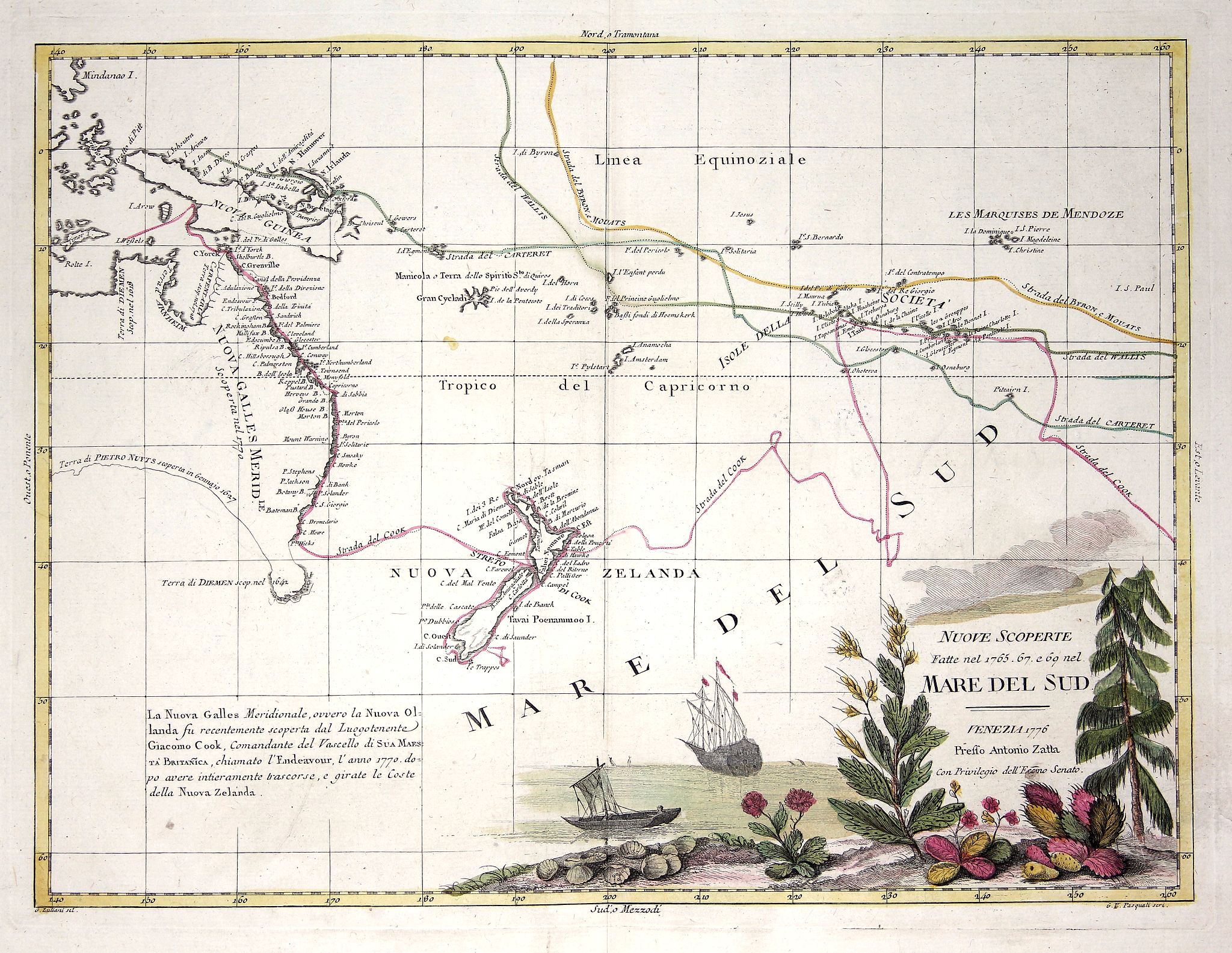 ZATTA, A., Nuove scoperte Fatte nel 1765. 67 e 69 nel Mare del Sud. . ., antique map, old maps