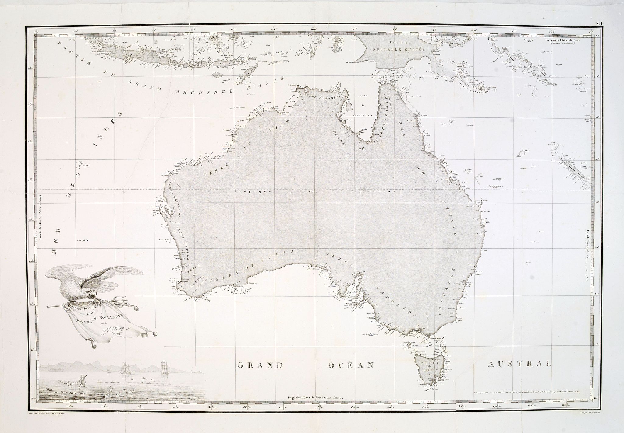 FREYCINET, M.L., Carte Generale de la Nouvelle Hollande., antique map, old maps