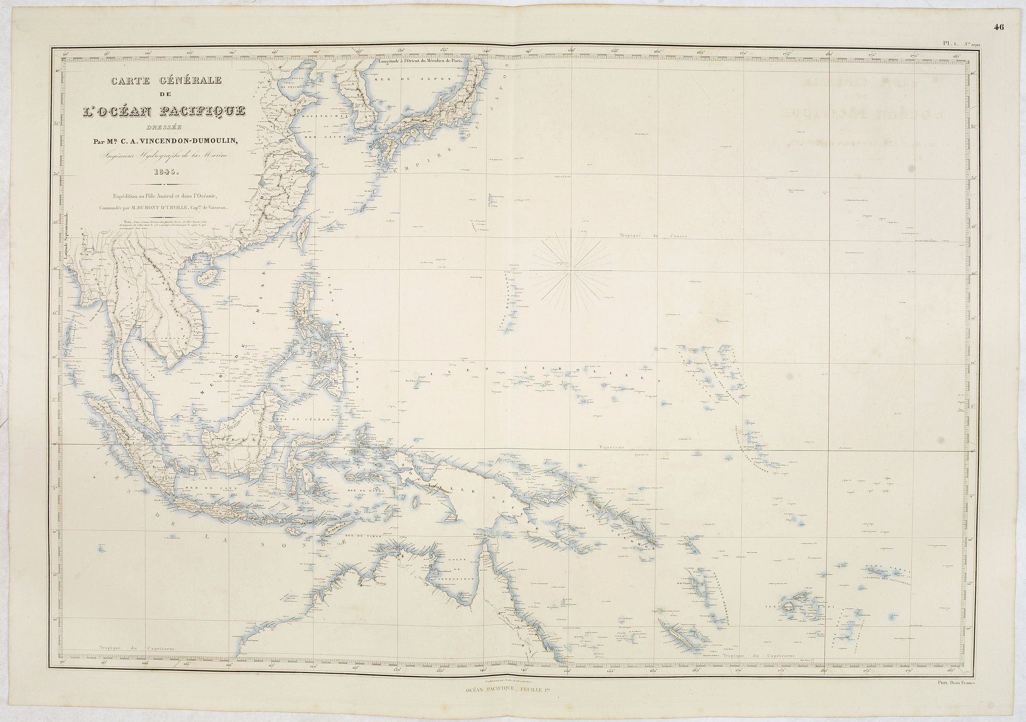 DUMONT-D'URVILLE, Carte générale de l'Océan Pacifique dressée Par Mr. C,A, Vincendon-Dumoulin 1845 Expédition au Pole Austral et dand l'Oéanie, commondée par M.Durmont d'Urville . . ., antique map, old maps
