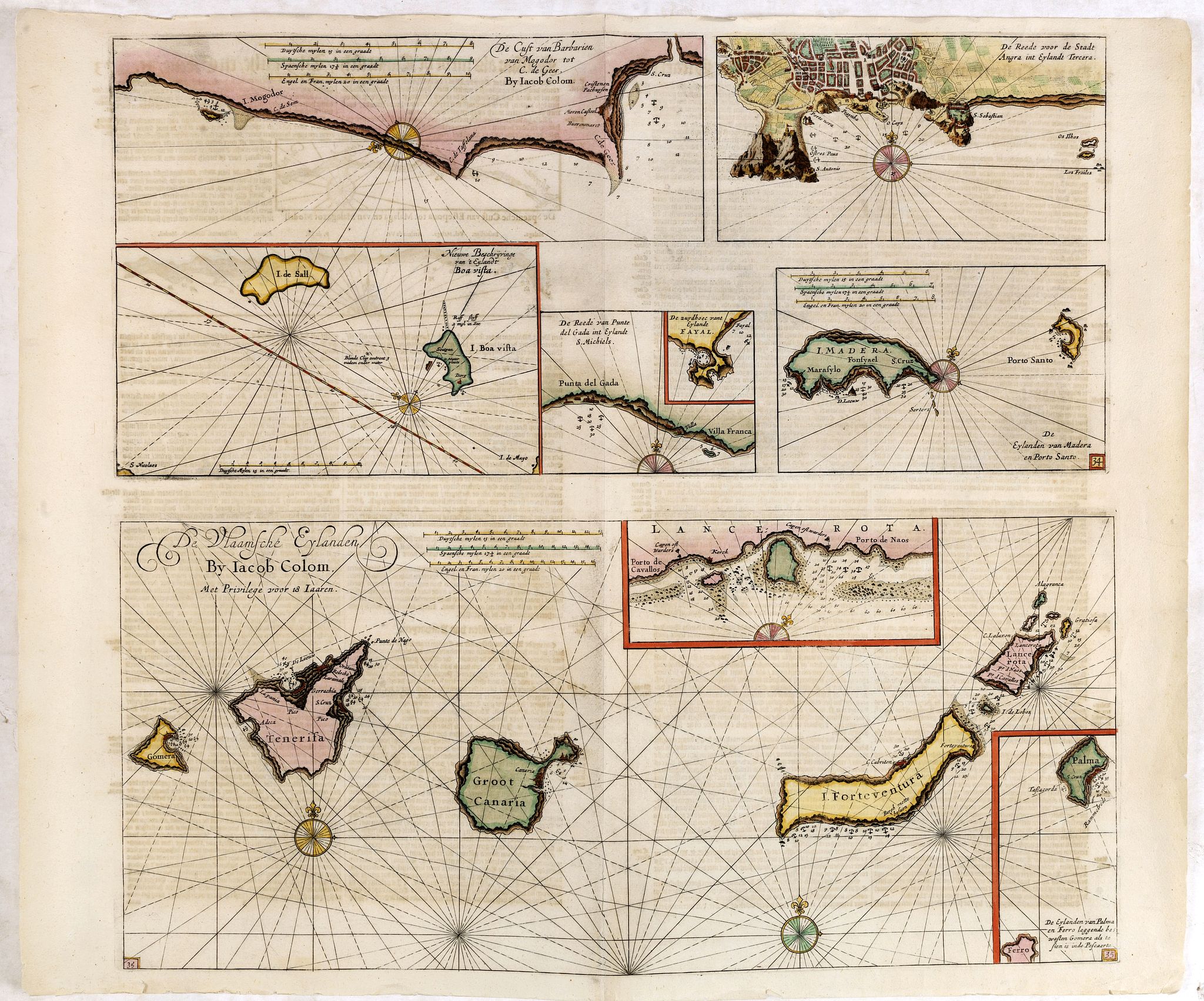 COLOM, A., De Kust van Barbarien. . . / De Reede voor de Stadt Angra. . . / De Eylanden van Madera. . . / De Vlaamsche Eylanden By Jacob Colom. . . /, antique map, old maps