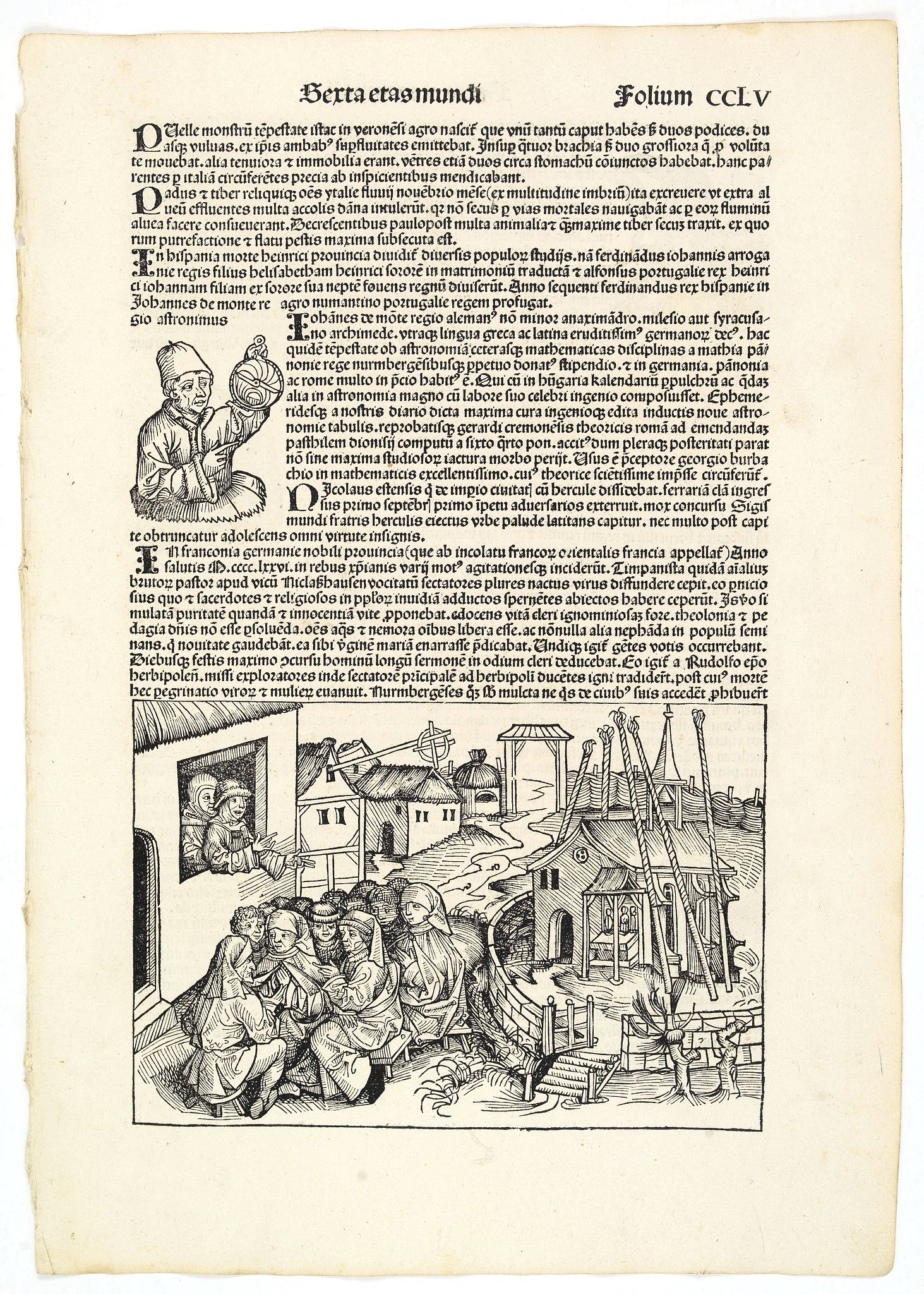 SCHEDEL, H., Sexta Etas Mudi. Folio CCLV. (With portret of Johannes Müller alias Regiomontanus holding a Astrolabe., antique map, old maps