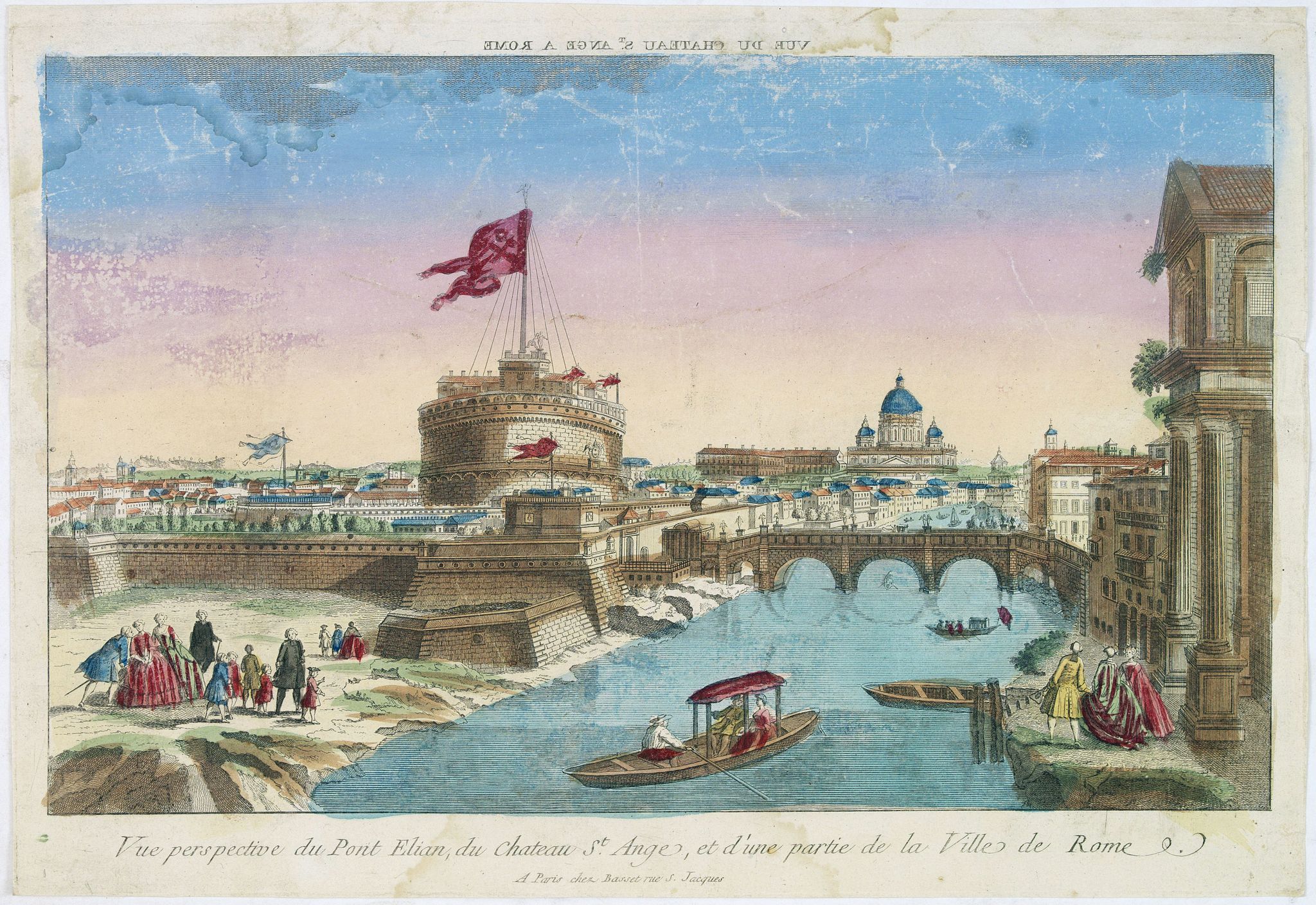 CHEREAU, J.,  Vue perspective du pont Elian, du ch�teau St Ange, et d'une partie de la ville de Rome., antique map, old maps
