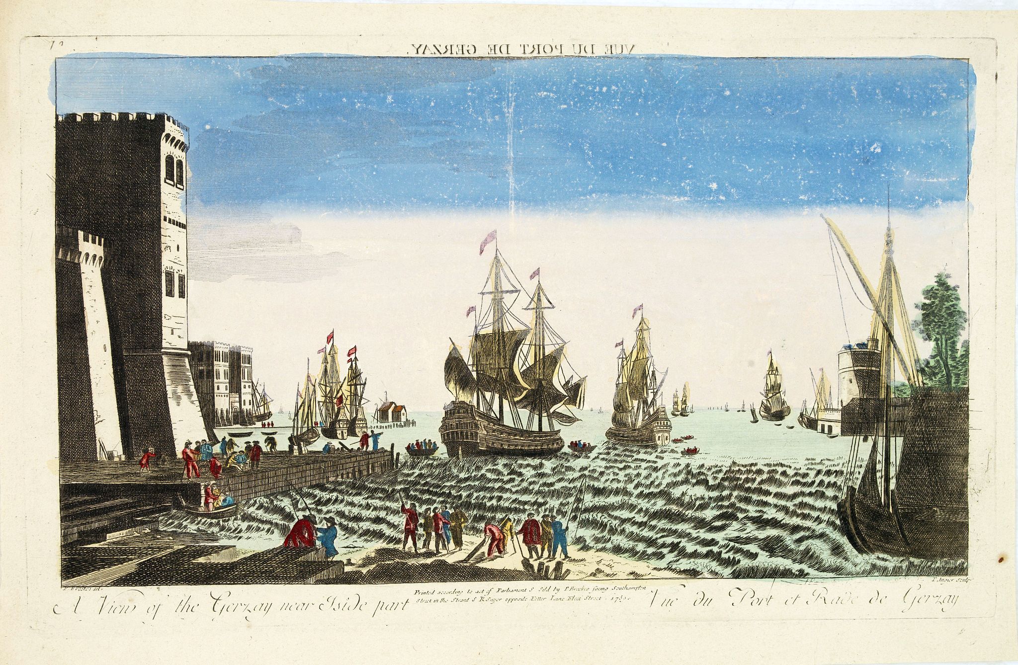 SAYER, R., A view of the Gerzay near Iside part. / Vue du port et rade de Gerzay., antique map, old maps