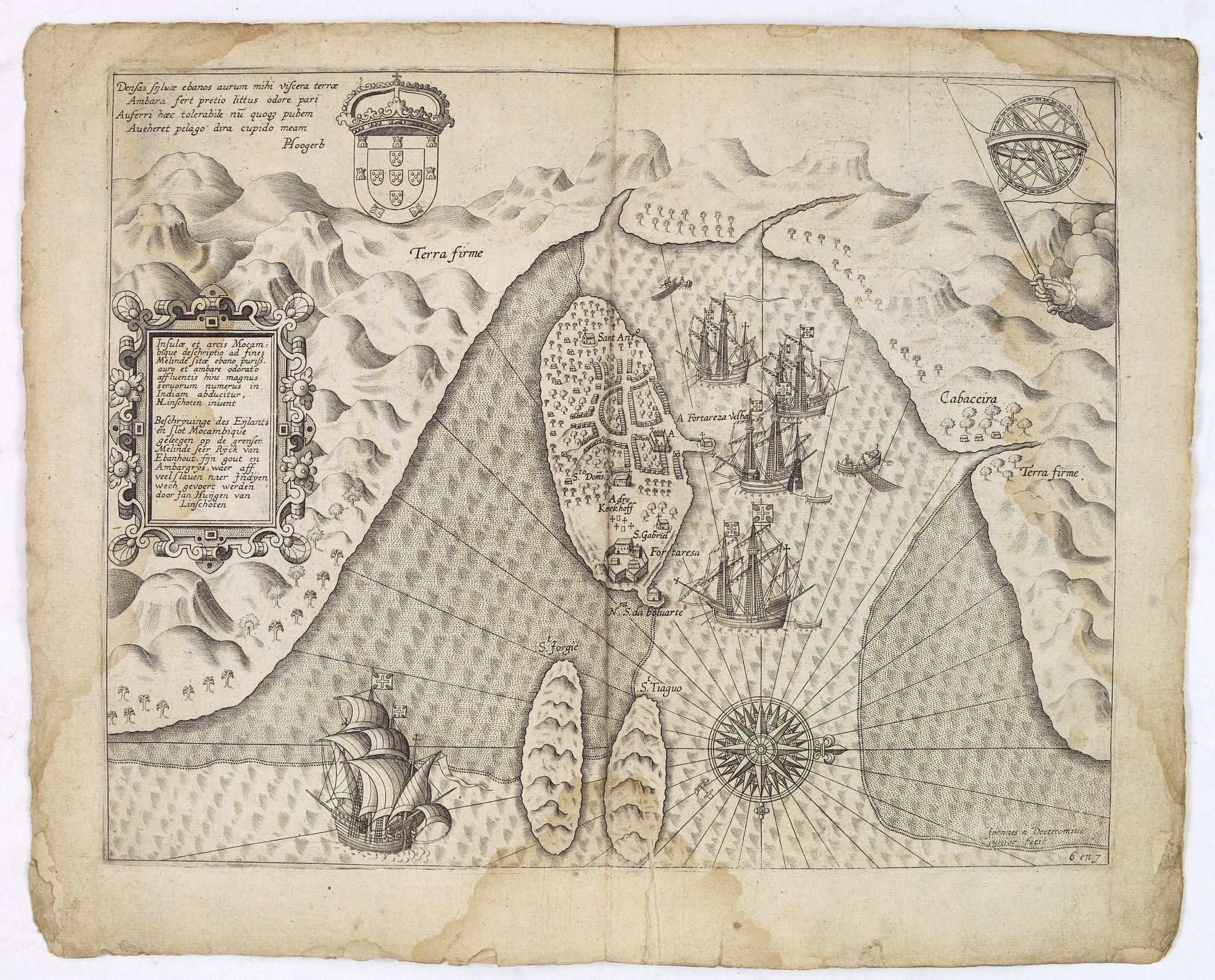 LINSCHOTEN, J.H. van:, Insulae et arcis MOCAMBIQUE descriptio…Beschrijuinge des.., antique map, old maps