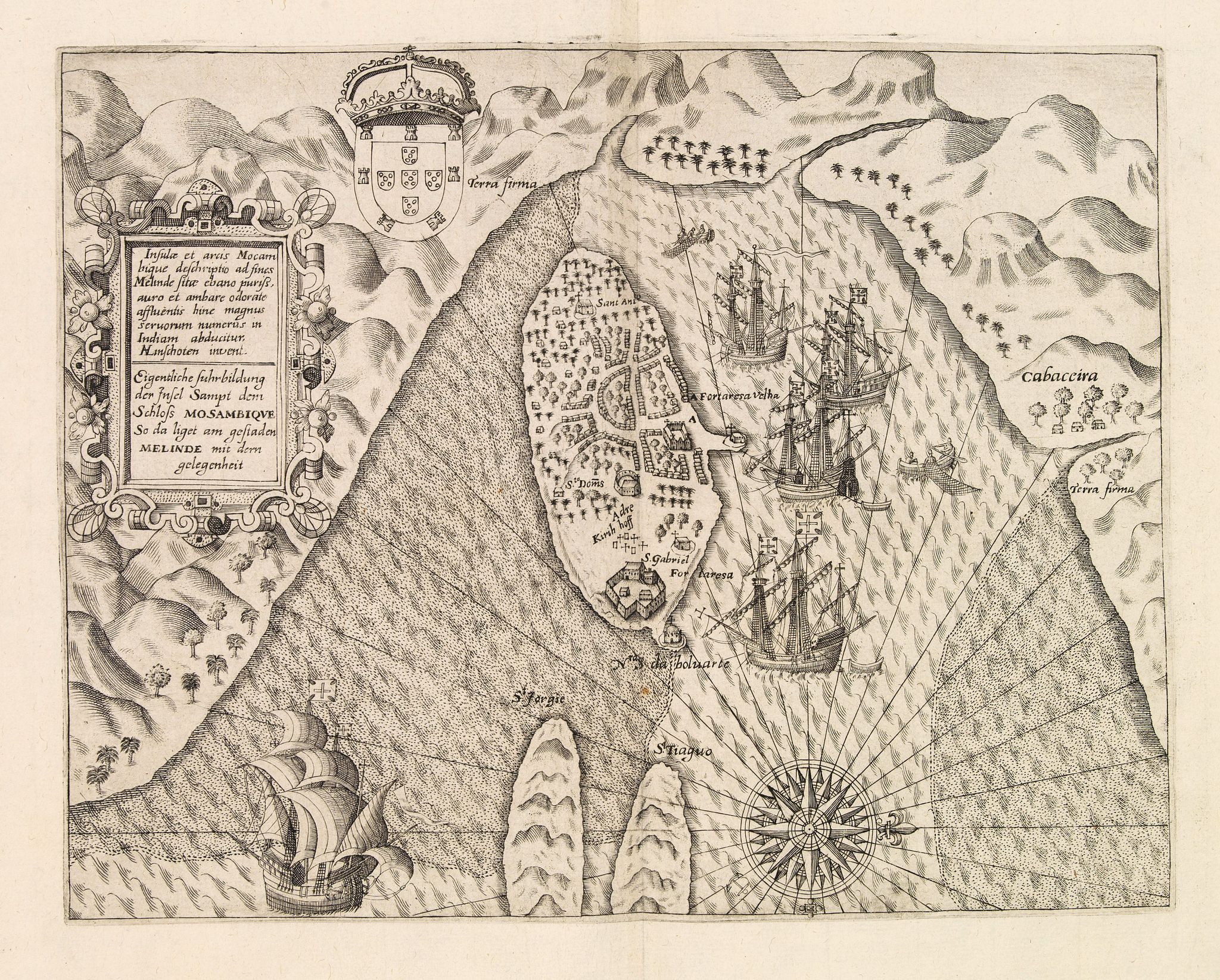DE BRY, Th., Insulae et arcis Mocambique descriptio ad fines Melinde sita ebano puriss., antique map, old maps