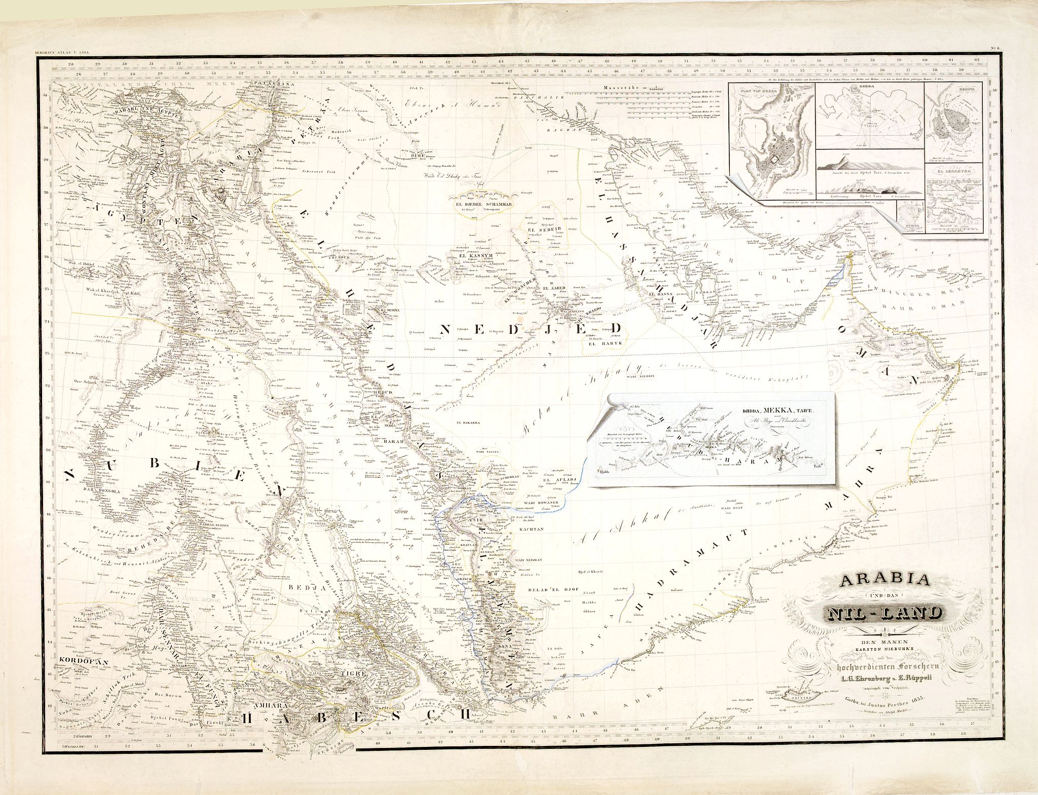 EHRENBERG, L.G. and RÜPPELL, Eduard, Arabia und das Nil-Land den manen Karsten Niebuhr’s hochverdienten forschern. . ., antique map, old maps