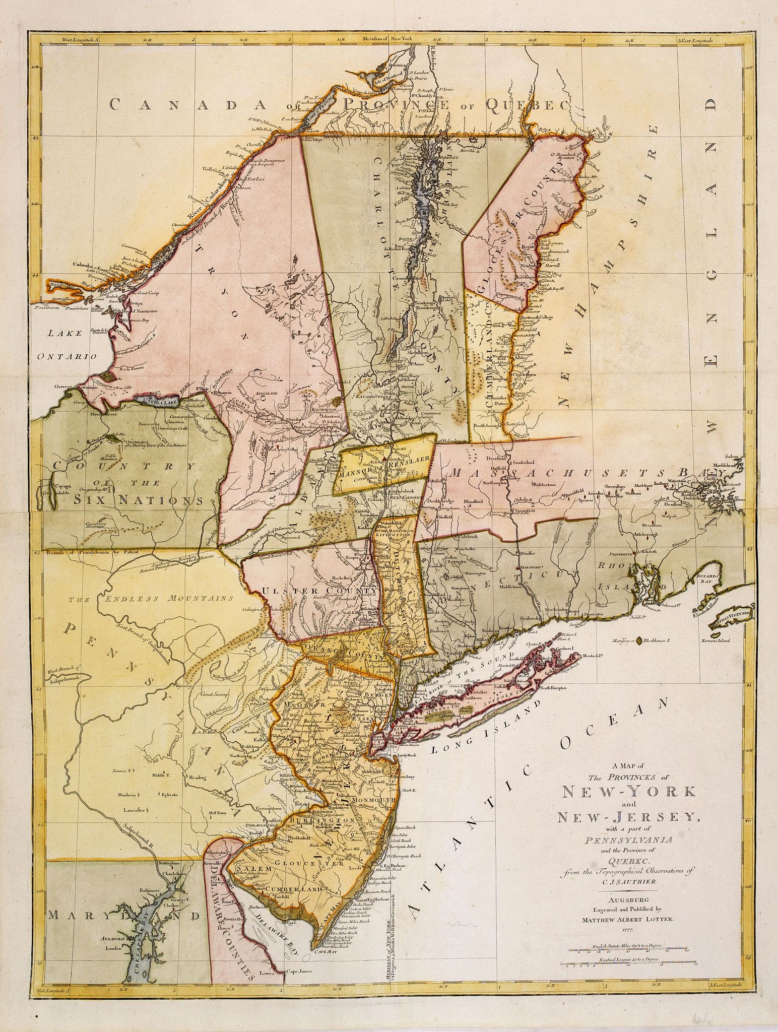 LOTTER, M.A., A Map of the Provinces of New-York and New-Jersey, with a Part of Pennsylvania and the Province of Quebec. from the Topographical Observations of C.J. Sauthier., antique map, old maps
