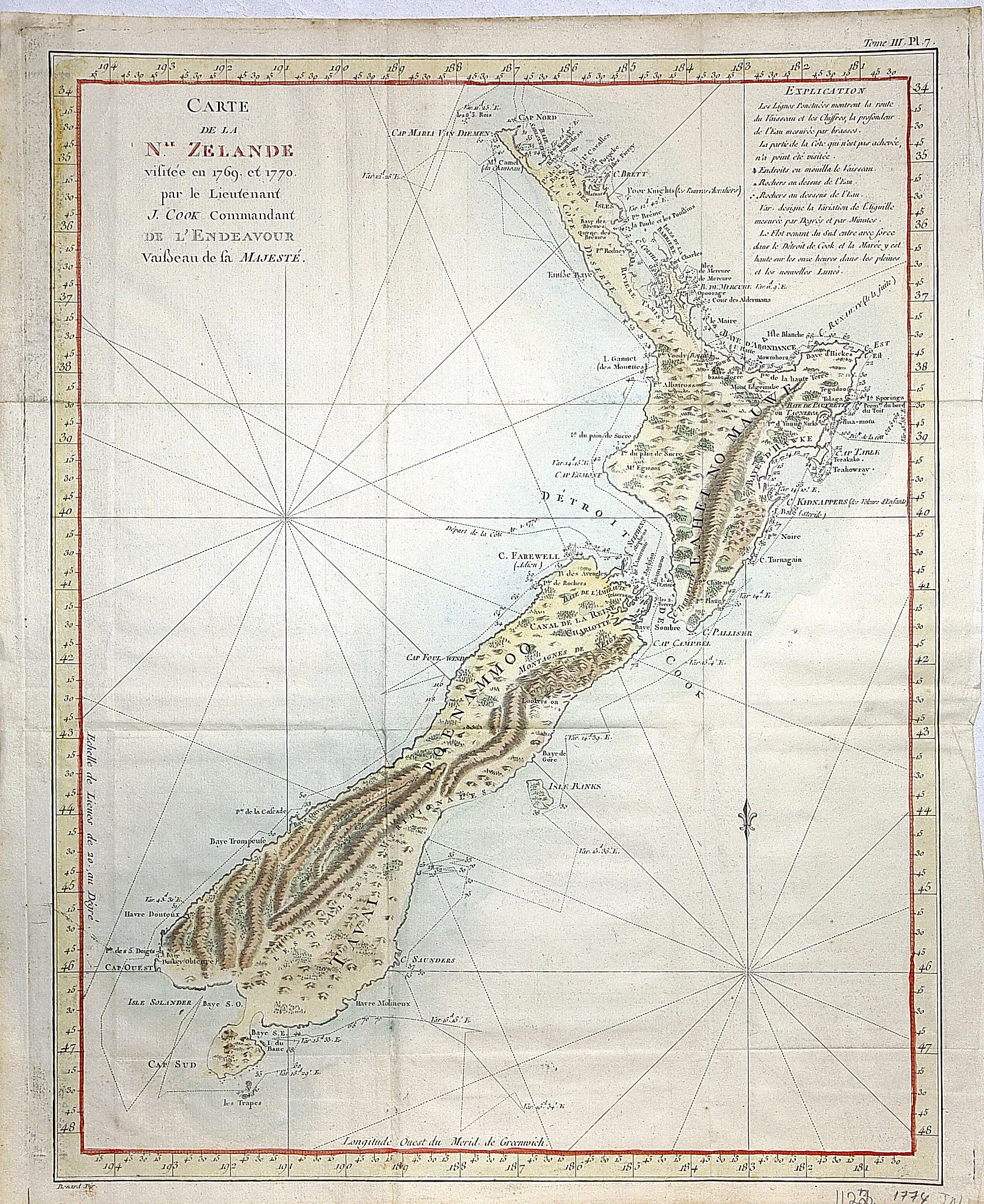 COOK, Captain James., Carte de la Nle. Zelande vifitée en 1769 et 1770 par le Lieutenant J. Cook Commandant de l\'Endeavour. . . . Tome III Pl. 7., antique map, old maps