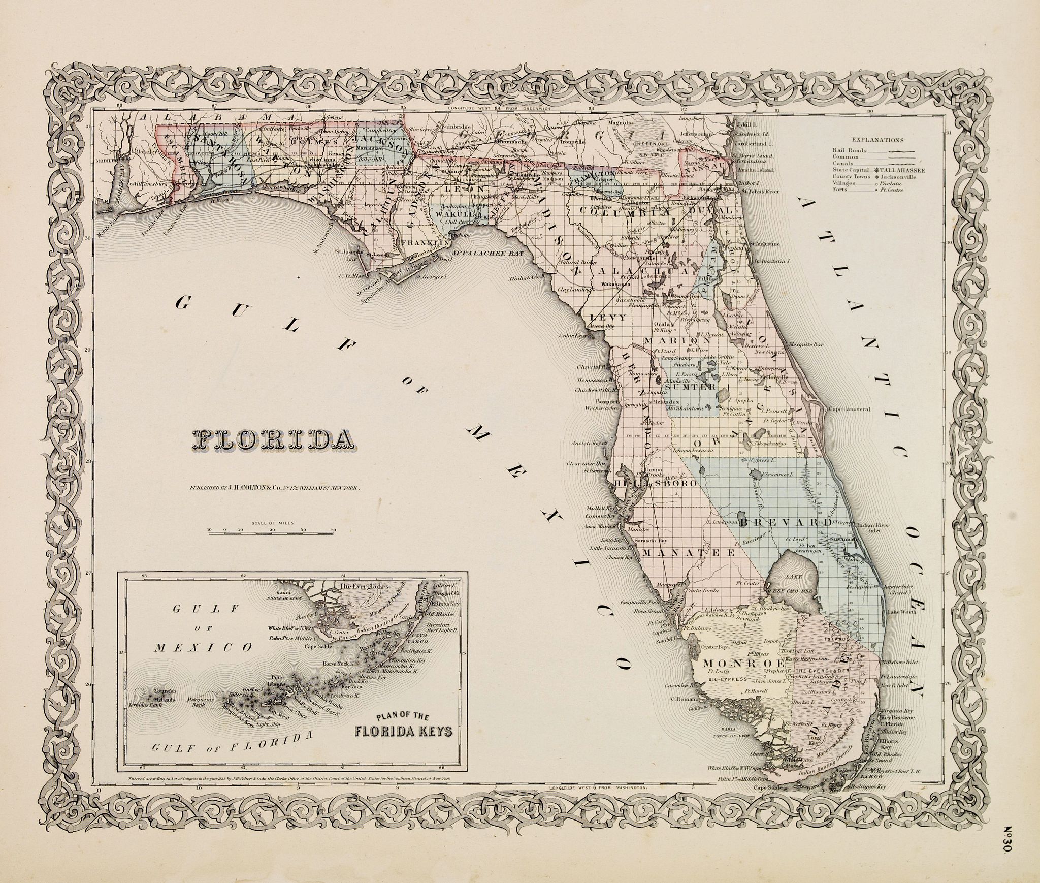 COLTON, J.H., FLORIDA., antique map, old maps