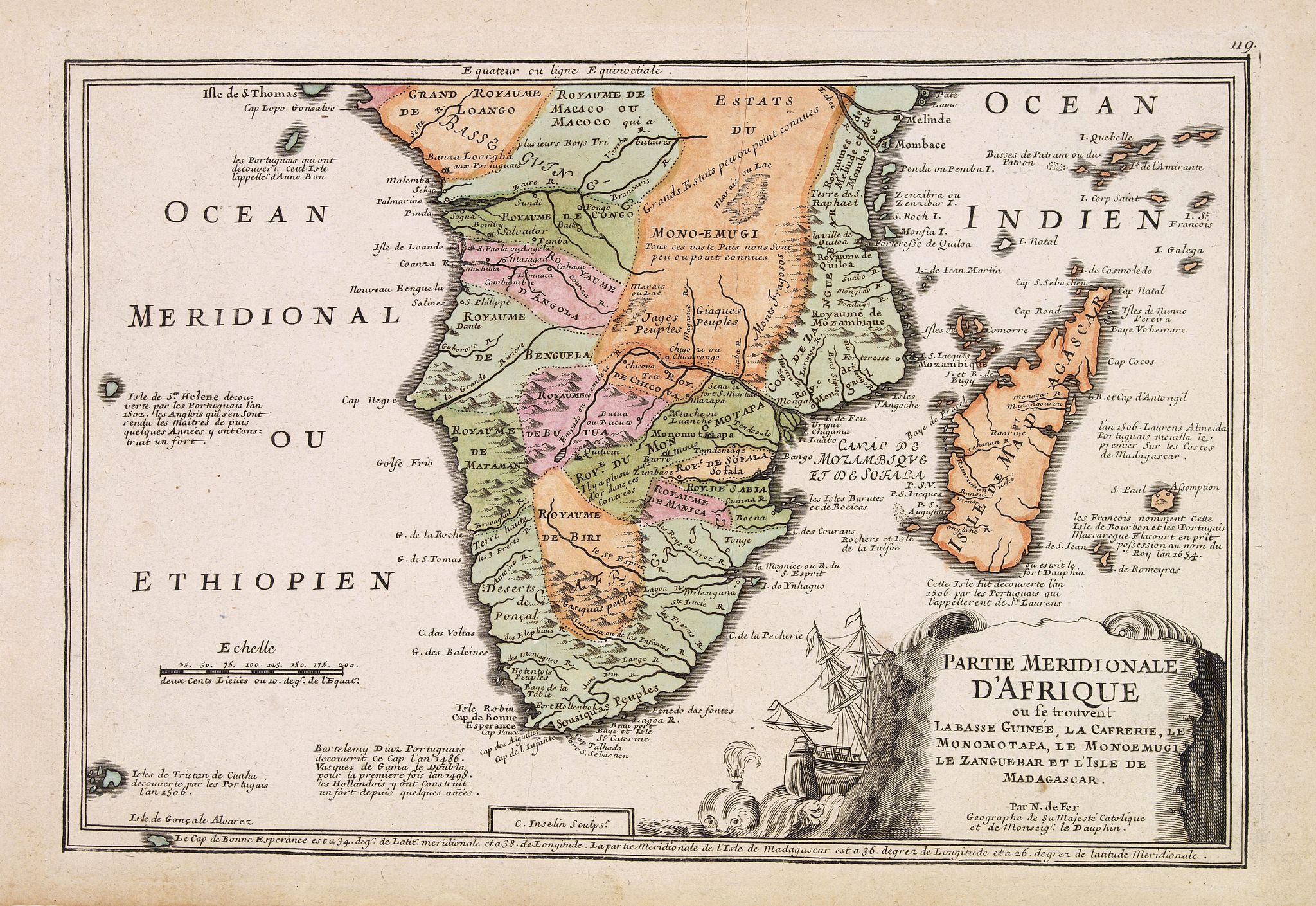 DE FER, N., Partie méridionale d'Afrique où se trouvent la Basse Guinée, la Cafrerie, le Monomotapa, le Monoemugi, le Zanguebar et l'isle de Madagascar., antique map, old maps