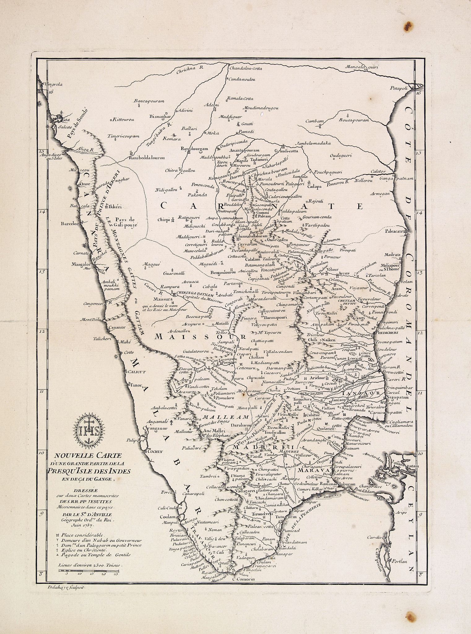 D'ANVILLE, Nouvelle carte d'une grande partie de la presqu'île des Indes en deça du Gange / dressée sur deux cartes manuscrites des RR. PP. Jésuites par le Sr. d'Anville., antique map, old maps